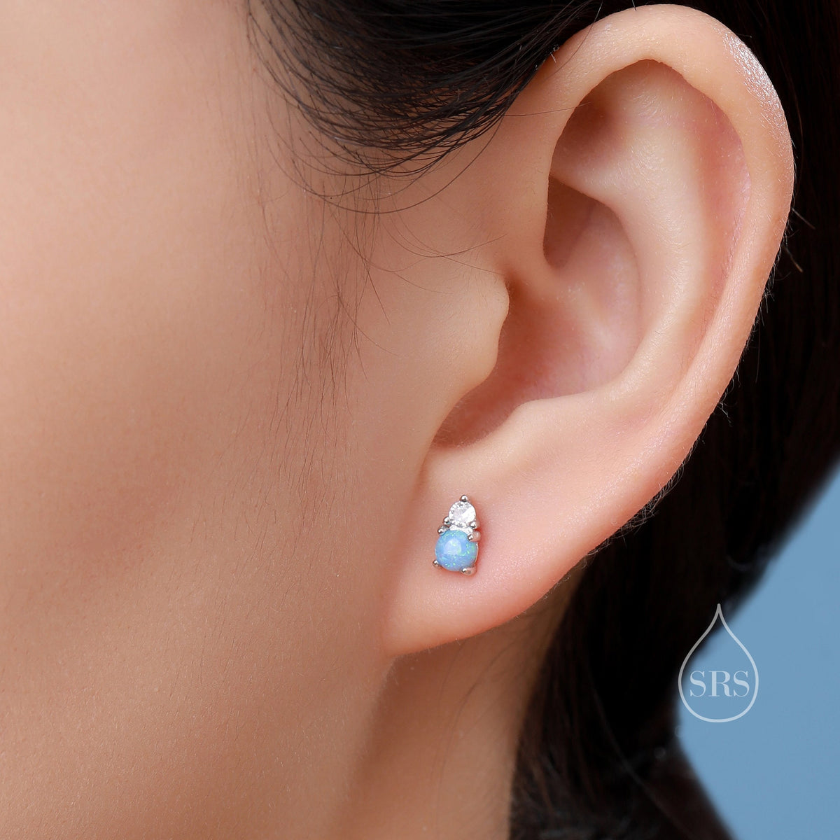 Sterling Silver Tiny Blue Opal and CZ Stud Earrings, Tiny Opal Earrings, Blue Opal, Lab Opal Stud