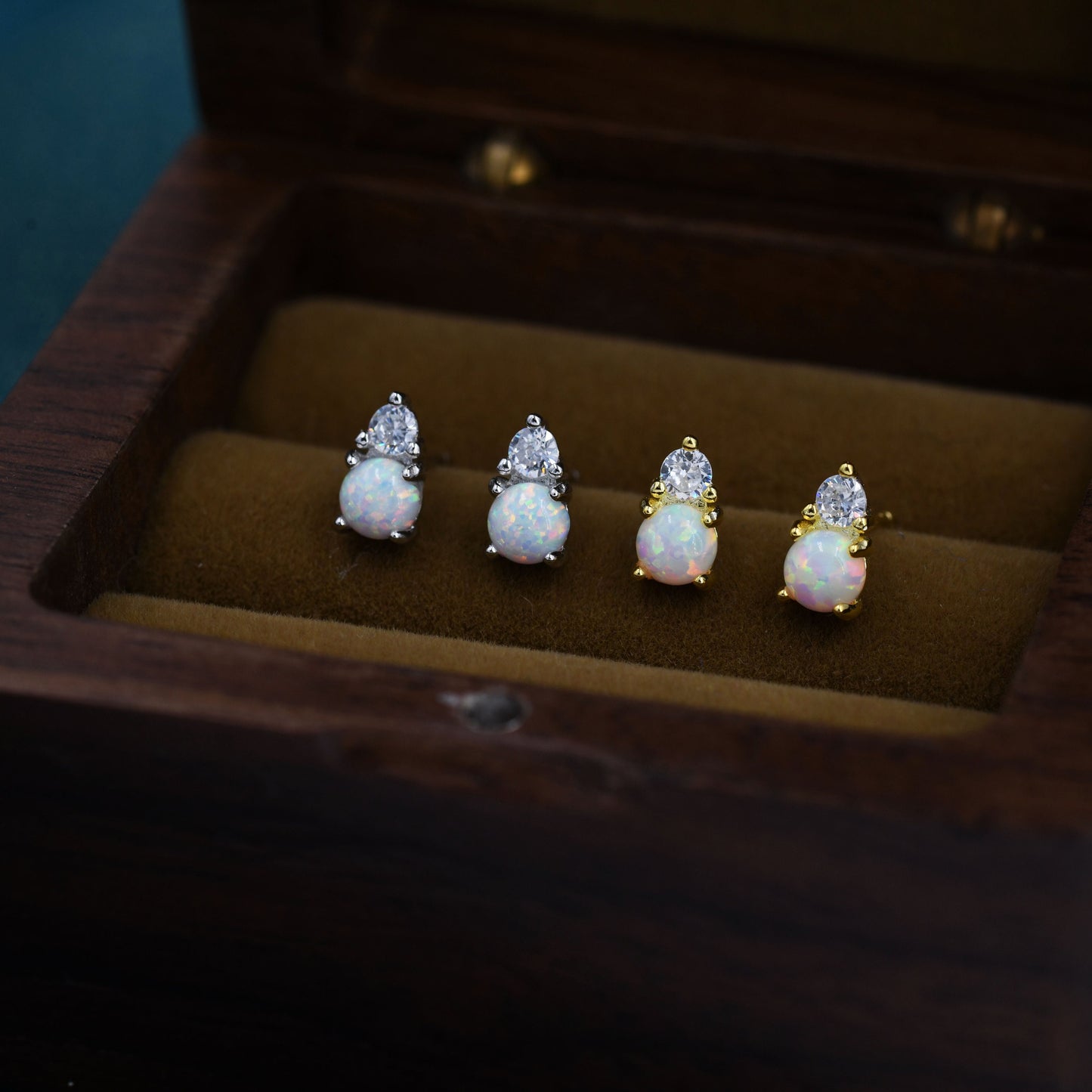 Sterling Silver Tiny White Opal and CZ Stud Earrings, Tiny Opal Earrings, Fire Opal Earrings, Lab Opal Stud