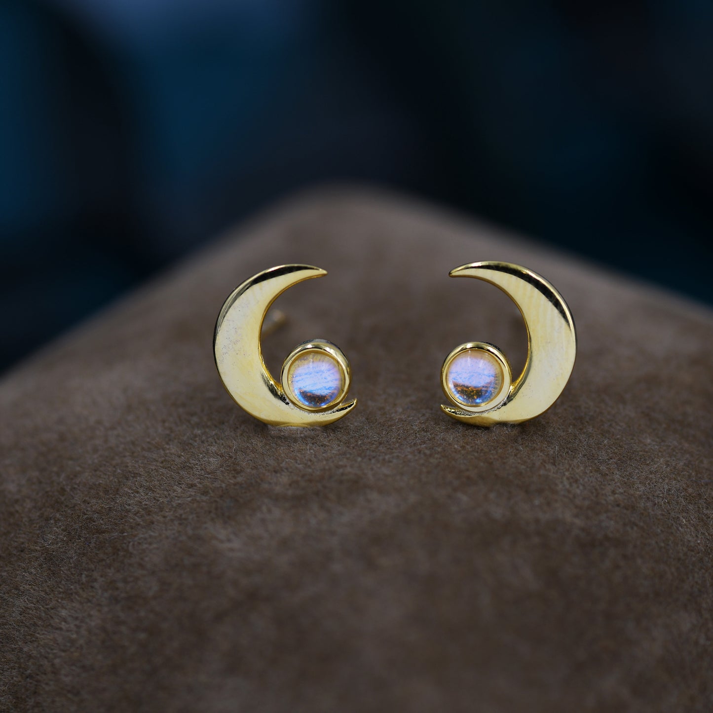 Cresent Moon with Moonstone Stud Earrings in Sterling Silver, Moon Earrings, Moon Stud, Celestial Moon Earrings