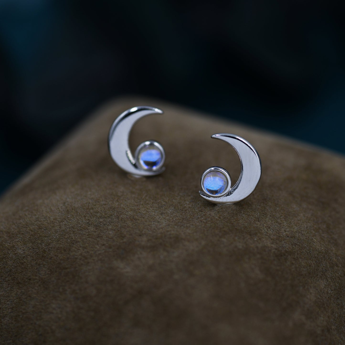 Cresent Moon with Moonstone Stud Earrings in Sterling Silver, Moon Earrings, Moon Stud, Celestial Moon Earrings