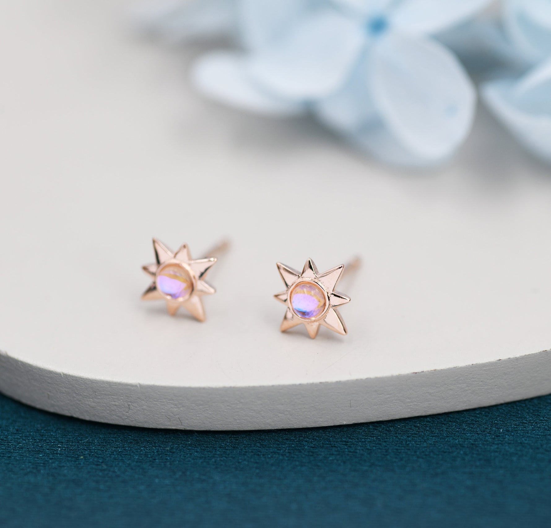Moonstone Starburst Stud Earrings in Sterling Silver, North Star Earrings with Moonstone, Silver, Gold and Rose Gold, Sunburst Earrings