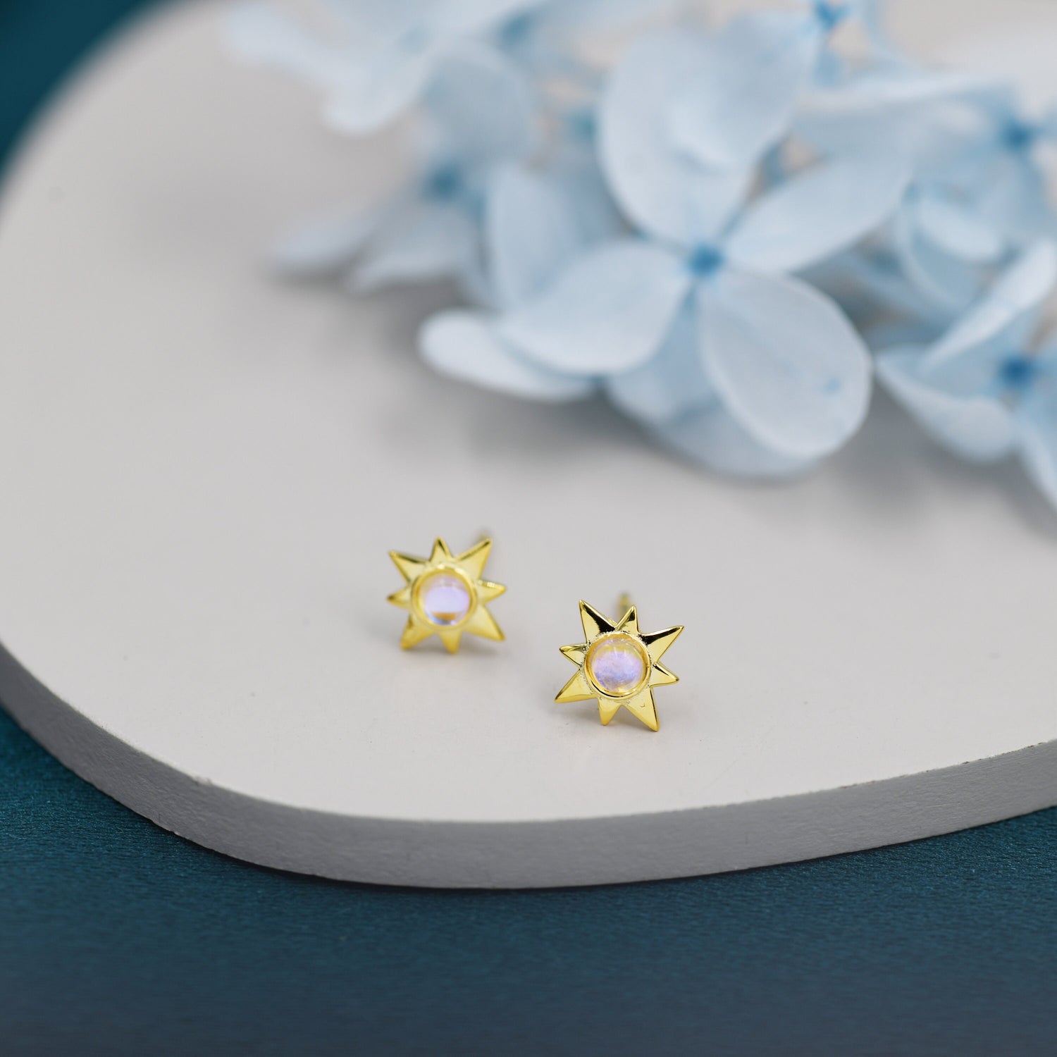 Moonstone Starburst Stud Earrings in Sterling Silver, North Star Earrings with Moonstone, Silver, Gold and Rose Gold, Sunburst Earrings