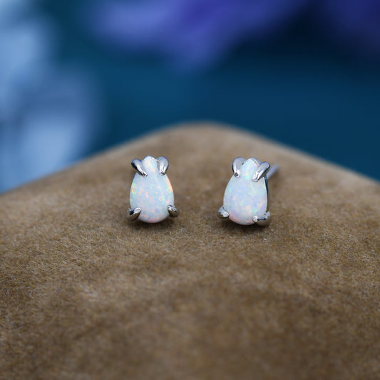 White Opal Droplet Stud Earrings in Sterling Silver, Silver or Gold, Tiny Opal Earrings, Pear Shape Opal Stud