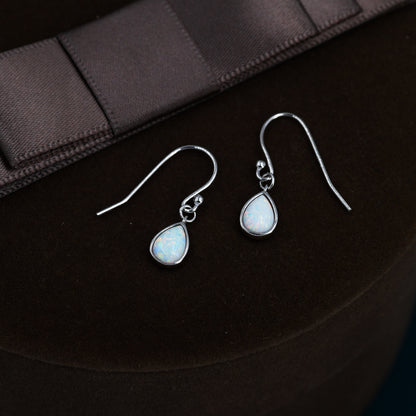 White Opal Droplet Drop Hook Earrings in Sterling Silver, Delicate Fire Opal Earrings, Pear Shape Opal Earrings