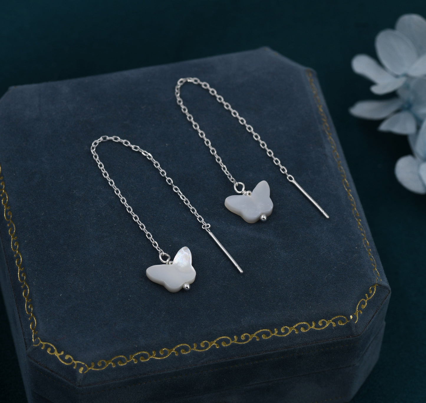 Mother of Pearl Butterfly Ear Threaders, Natural Shell Butterfly Threader Earrings, Dainty Dangle Earrings