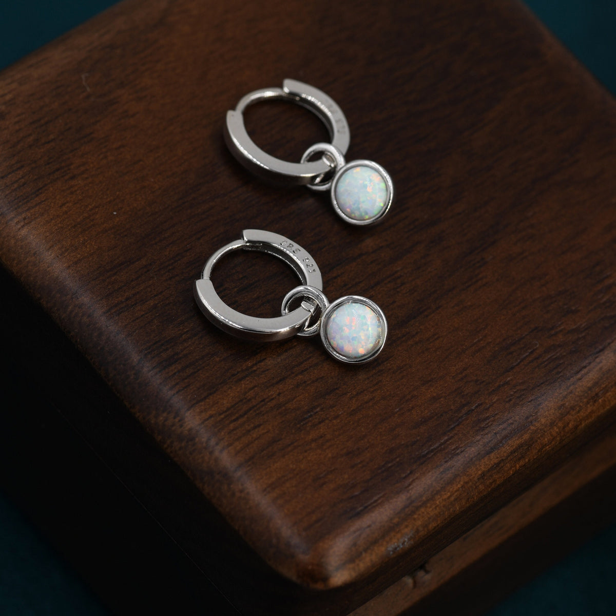 Sterling Silver Dangling White Opal Hoop Earrings, Detachable Fire Opal Charm Dangle Hoop Earrings, Silver or Gold, Interchangeable
