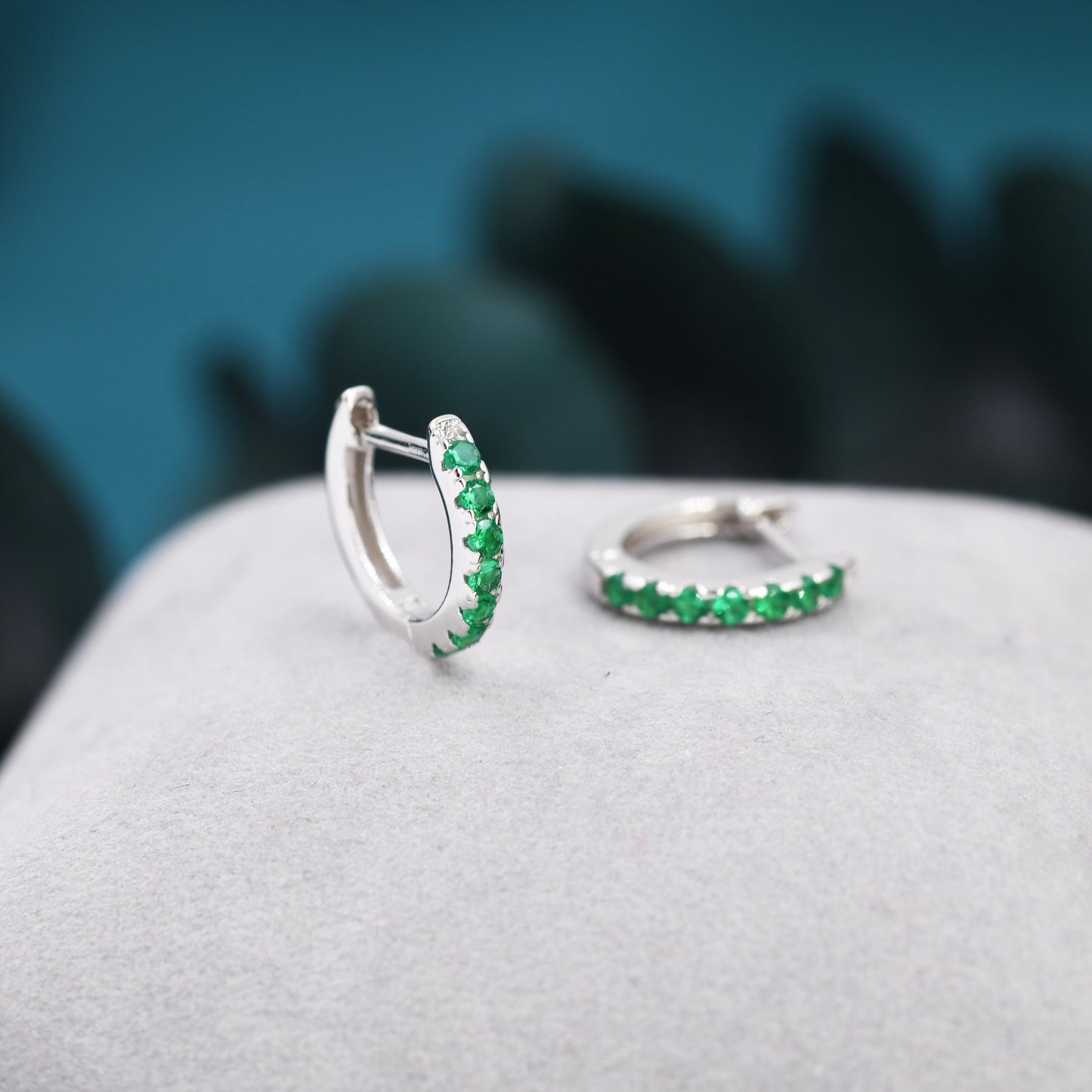 Emerald Green CZ Huggie Hoops in Sterling Silver, Silver or Gold, Minimalist Hoop Earrings, 8mm Hoops, Green Crystal Hoops