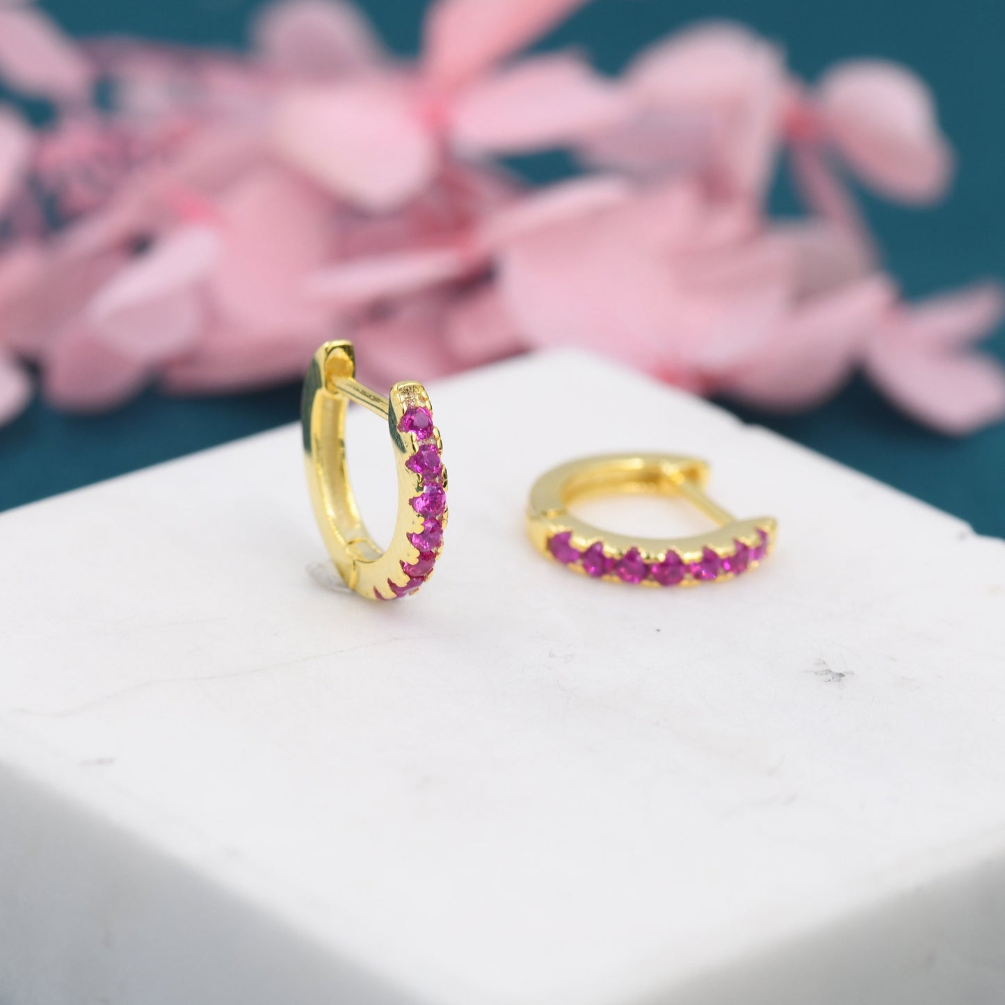 Ruby Pink CZ Huggie Hoops in Sterling Silver, Silver or Gold, Minimalist Hoop Earrings, 8mm Hoops, Red Crystal Hoops, July Birthstone