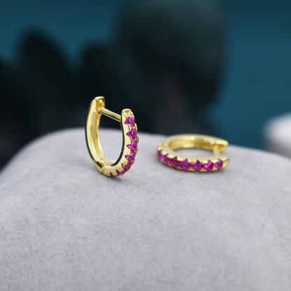 Ruby Pink CZ Huggie Hoops in Sterling Silver, Silver or Gold, Minimalist Hoop Earrings, 8mm Hoops, Red Crystal Hoops, July Birthstone