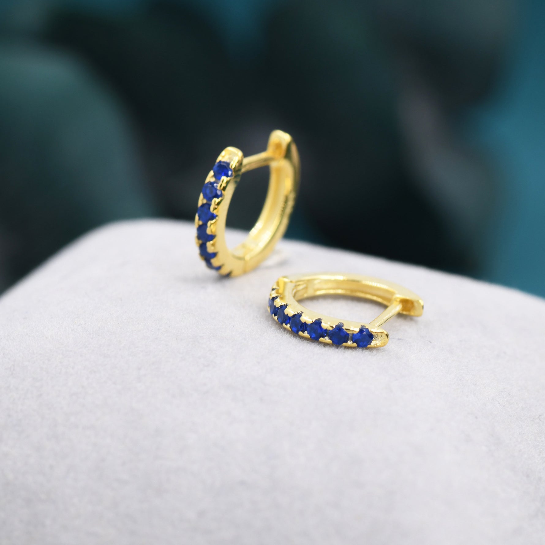 Sapphire Blue CZ Huggie Hoops in Sterling Silver, Silver or Gold, Minimalist Hoop Earrings, 8mm Hoops, Blue Hoops, September Birthstone