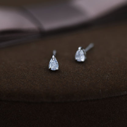 Extra Tiny Droplet CZ Stud Earrings in Sterling Silver, Tiny Pear Cut CZ Stud Earrings, Silver or Gold