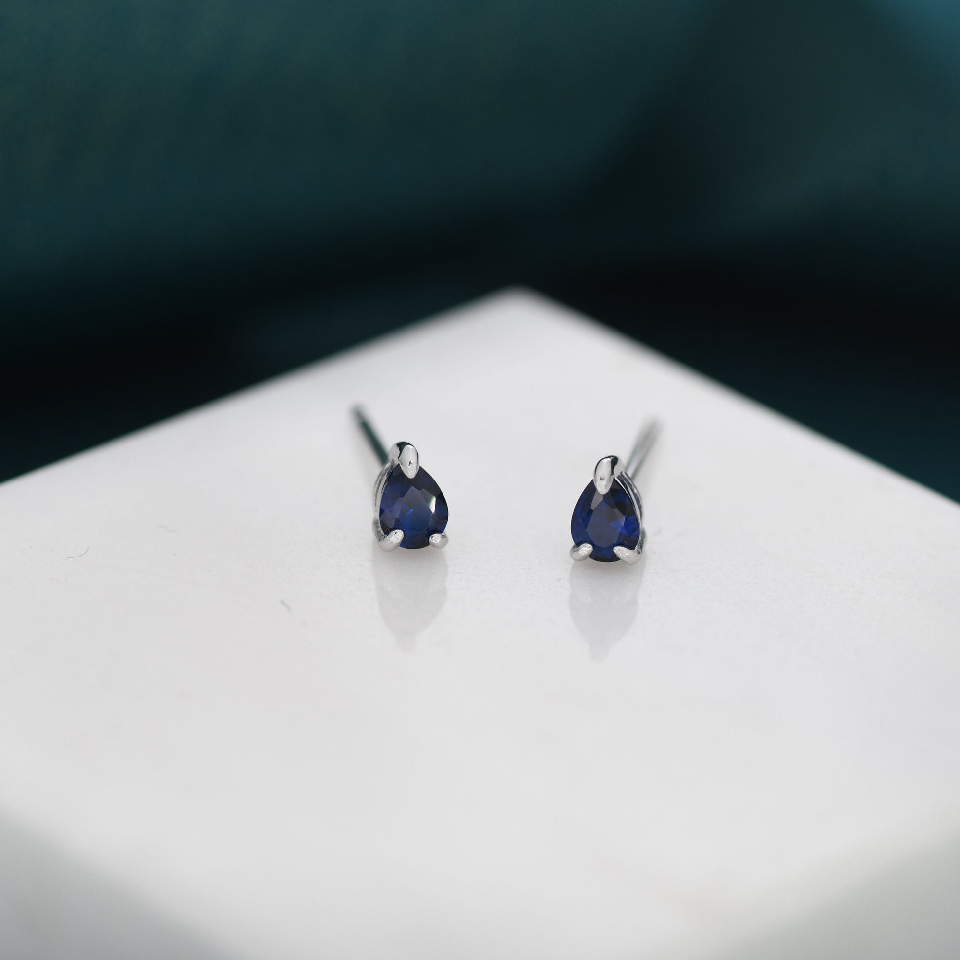 Extra Tiny Sapphire Blue Droplet CZ Stud Earrings in Sterling Silver, Tiny Pear Cut CZ Stud Earrings, Silver or Gold, September Birthstone