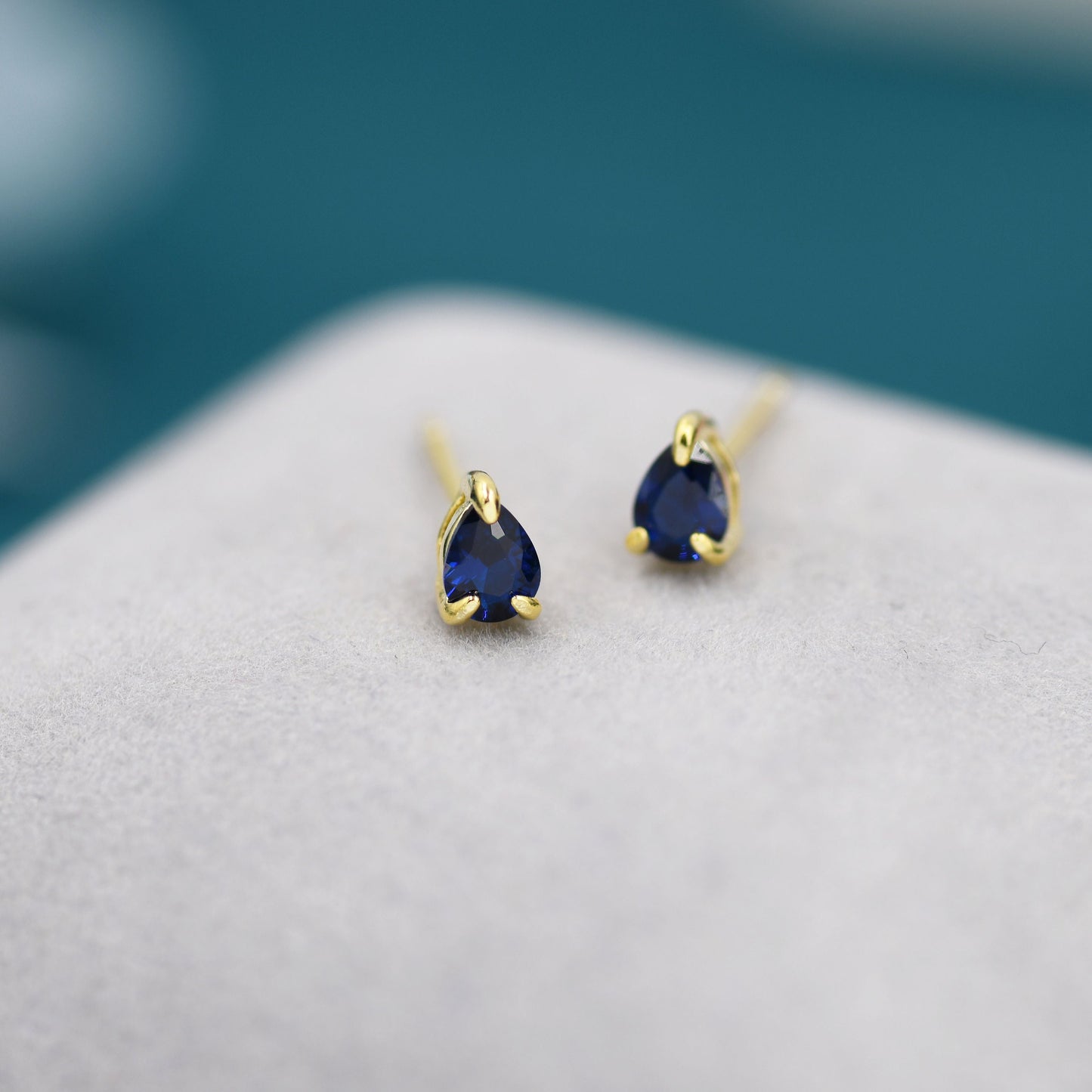 Extra Tiny Sapphire Blue Droplet CZ Stud Earrings in Sterling Silver, Tiny Pear Cut CZ Stud Earrings, Silver or Gold, September Birthstone