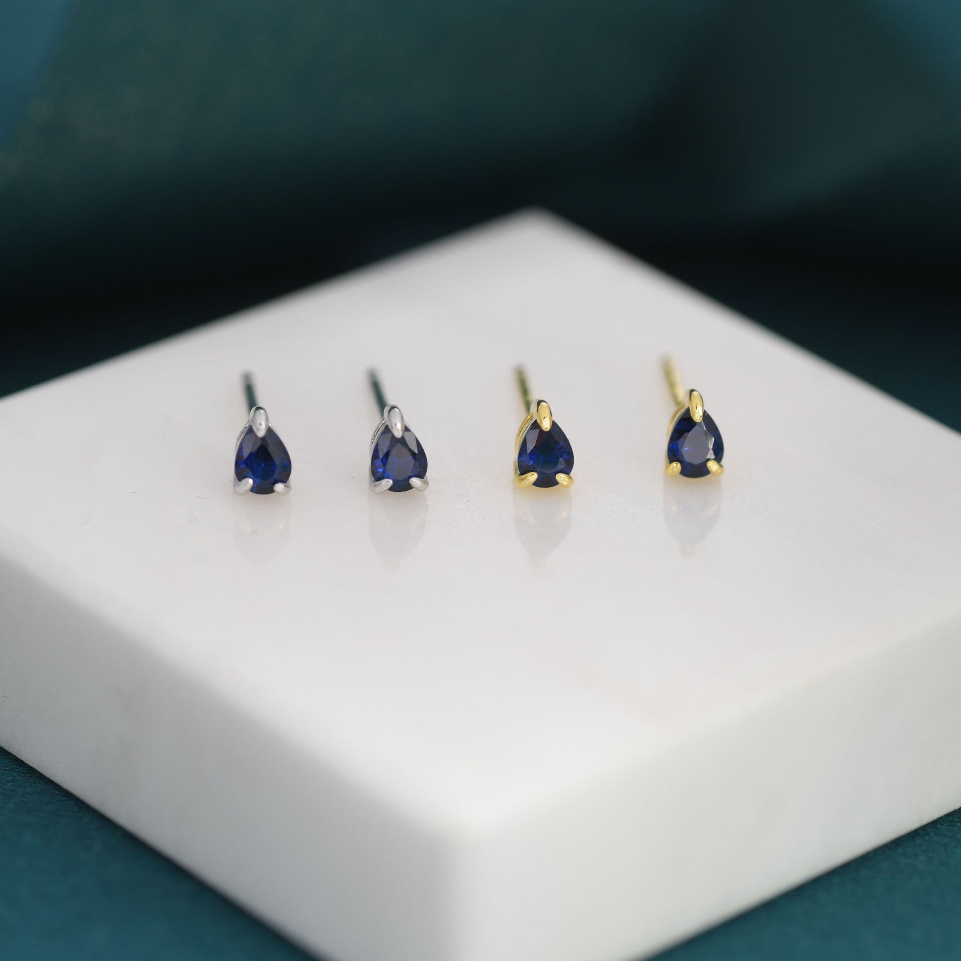 Extra Tiny Sapphire Blue Droplet CZ Stud Earrings in Sterling Silver, Tiny Pear Cut CZ Stud Earrings, Silver or Gold, September Birthstone