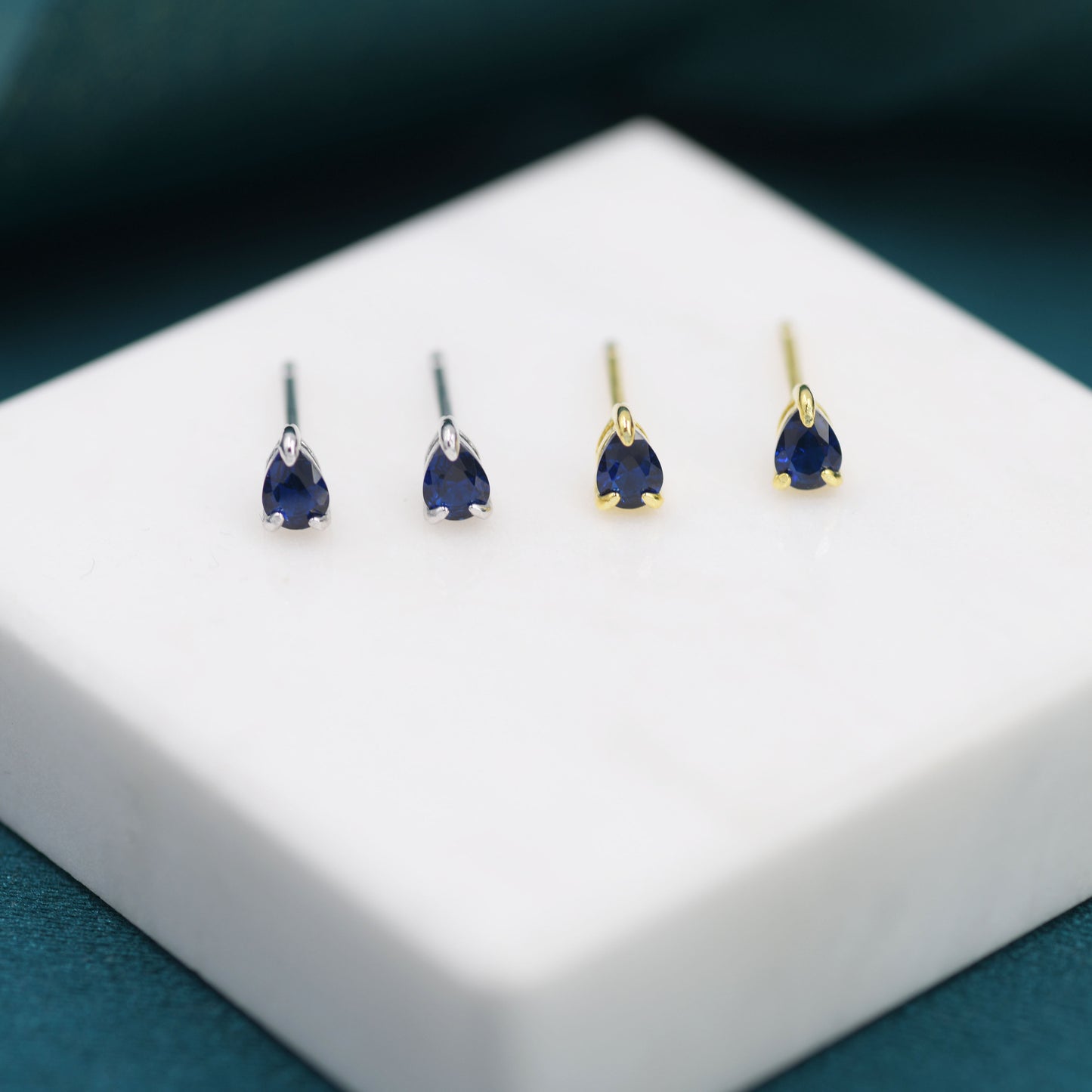 Extra Tiny Sapphire Blue Droplet CZ Stud Earrings in Sterling Silver, Tiny Pear Cut CZ Stud Earrings, Silver or Gold, September Birthstone