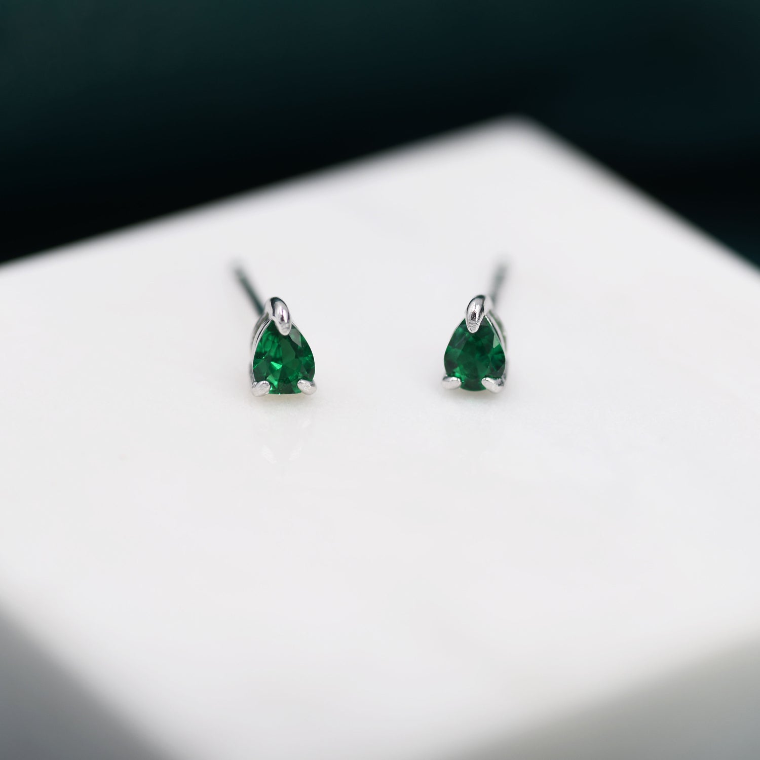 Extra Tiny Emerald Green Droplet CZ Stud Earrings in Sterling Silver, Tiny Pear Cut CZ Stud Earrings, Silver or Gold, May Birthstone