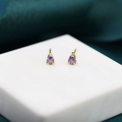 Extra Tiny Amethyst Purple Droplet CZ Stud Earrings in Sterling Silver, Tiny Pear Cut CZ Stud Earrings, Silver or Gold, February Birthstone