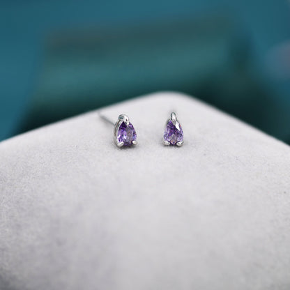 Extra Tiny Amethyst Purple Droplet CZ Stud Earrings in Sterling Silver, Tiny Pear Cut CZ Stud Earrings, Silver or Gold, February Birthstone