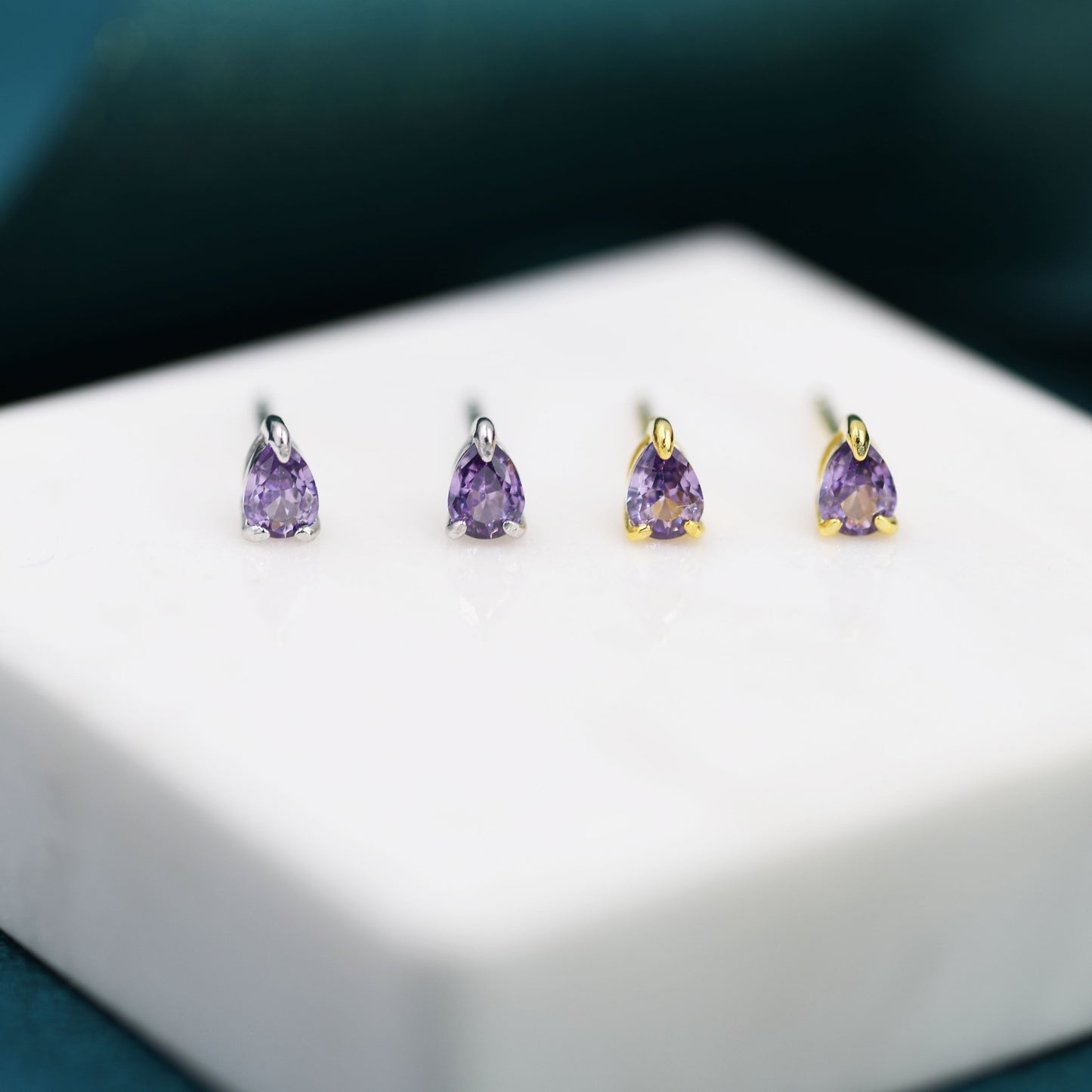 Extra Tiny Amethyst Purple Droplet CZ Stud Earrings in Sterling Silver, Tiny Pear Cut CZ Stud Earrings, Silver or Gold, February Birthstone