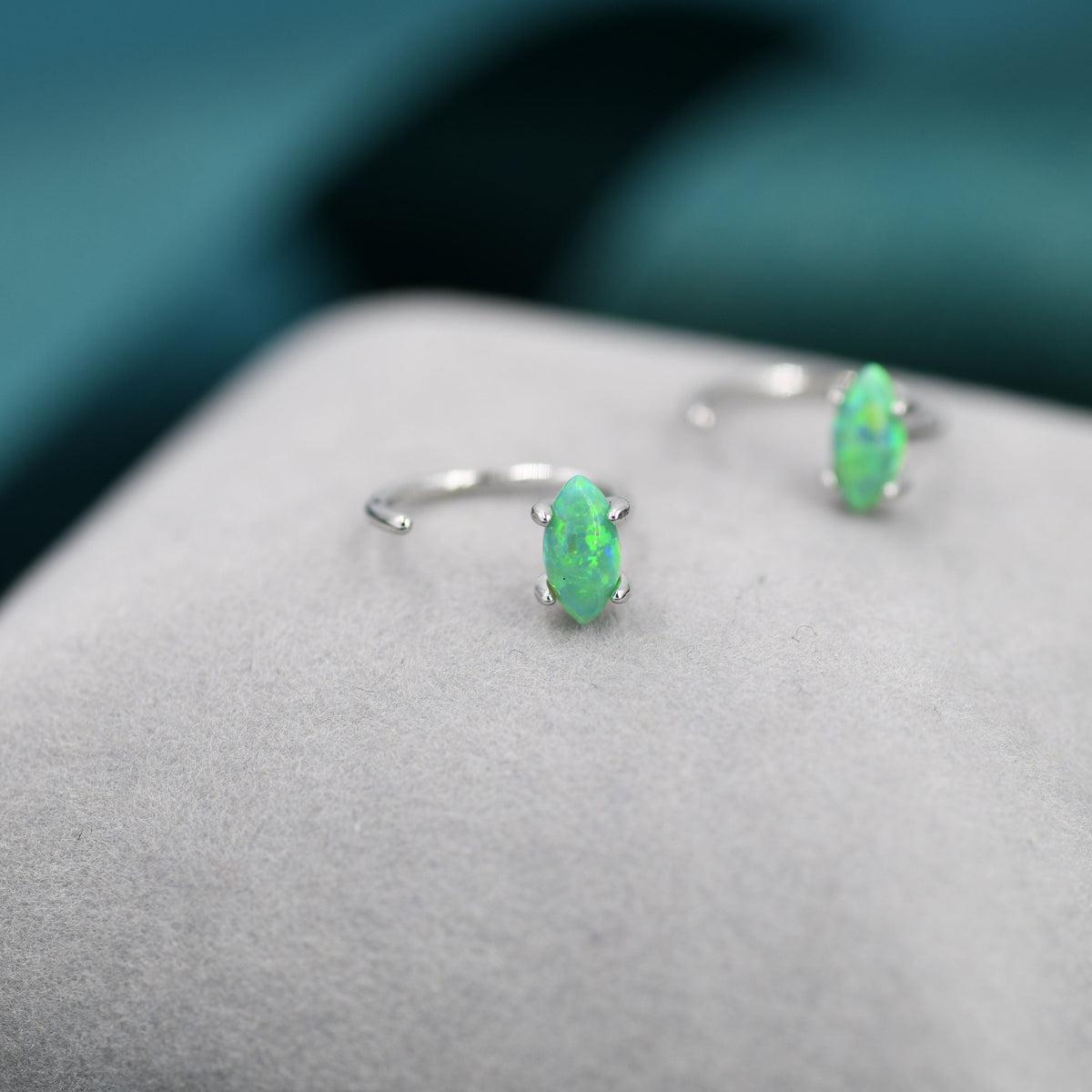 Mint Green Opal Marquise Huggie Hoop Earrings in Sterling Silver, Tiny Opal Open Hoop Earrings, Opal Pull Through Threaders, Half Hoops