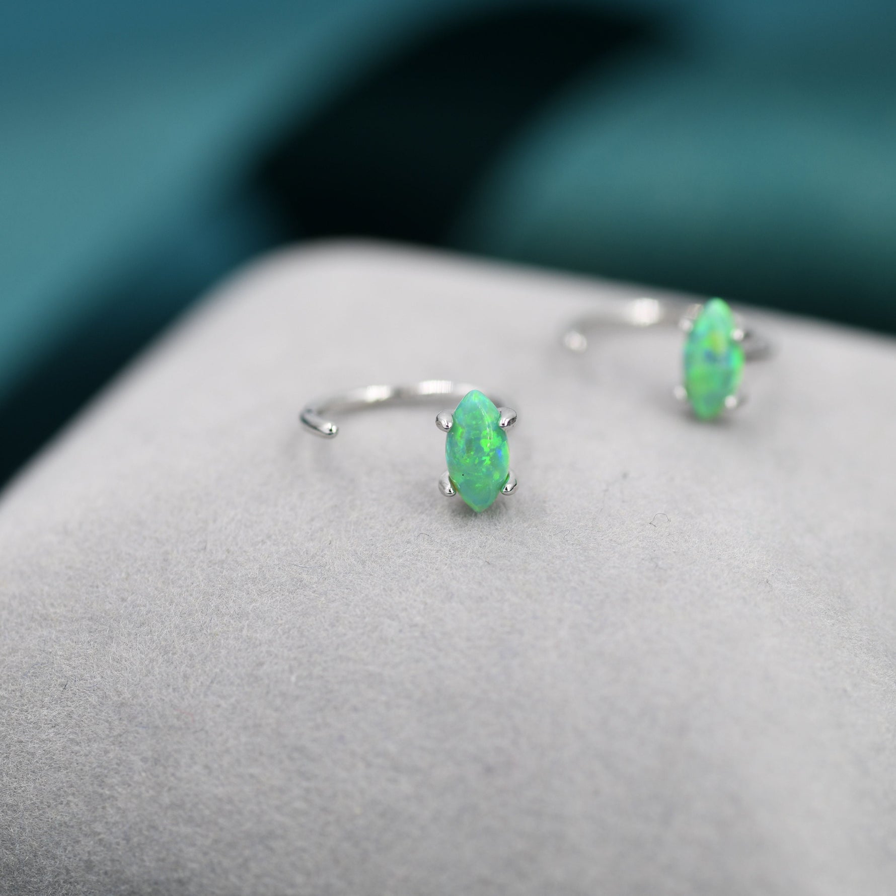 Mint Green Opal Marquise Huggie Hoop Earrings in Sterling Silver, Tiny Opal Open Hoop Earrings, Opal Pull Through Threaders, Half Hoops