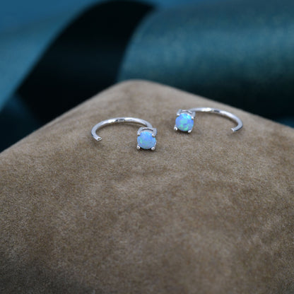 Blue Opal Huggie Hoop Earrings in Sterling Silver, Tiny Opal Open Hoop Earrings, Opal Pull Through Threaders, Half Hoops, C Shape Opal Hoops