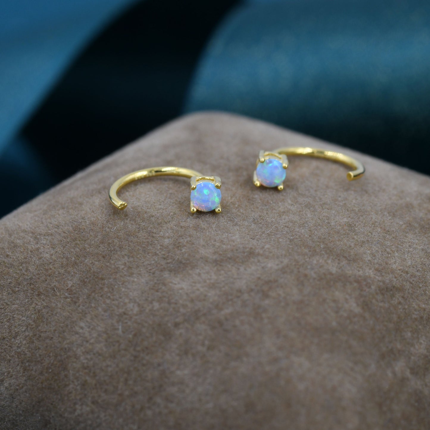 Blue Opal Huggie Hoop Earrings in Sterling Silver, Tiny Opal Open Hoop Earrings, Opal Pull Through Threaders, Half Hoops, C Shape Opal Hoops