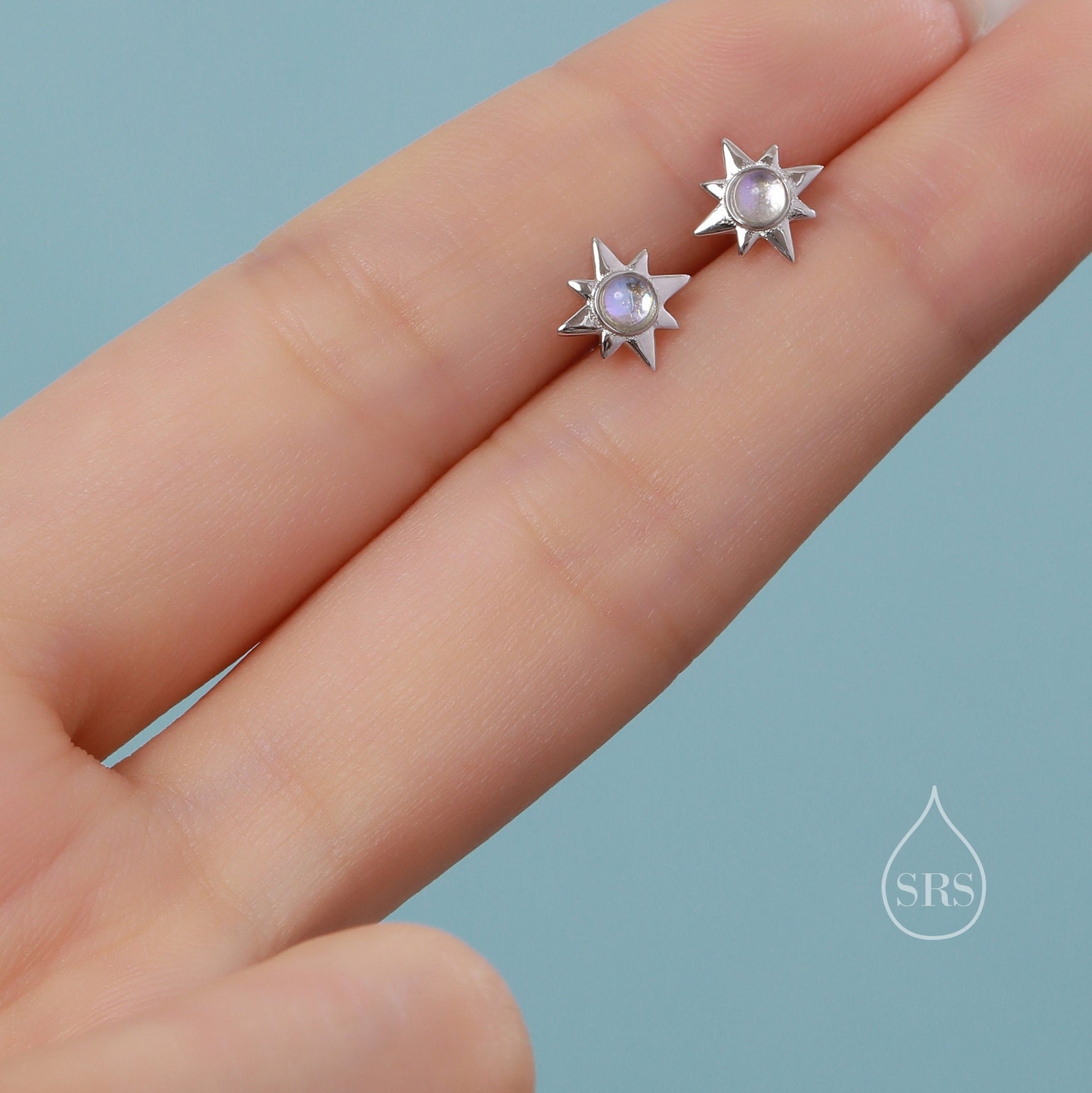 Moonstone Starburst Screw Back Earrings in Sterling Silver, Star Barbell Earrings with Moonstone, Silver, Gold and Rose Gold, Screwback