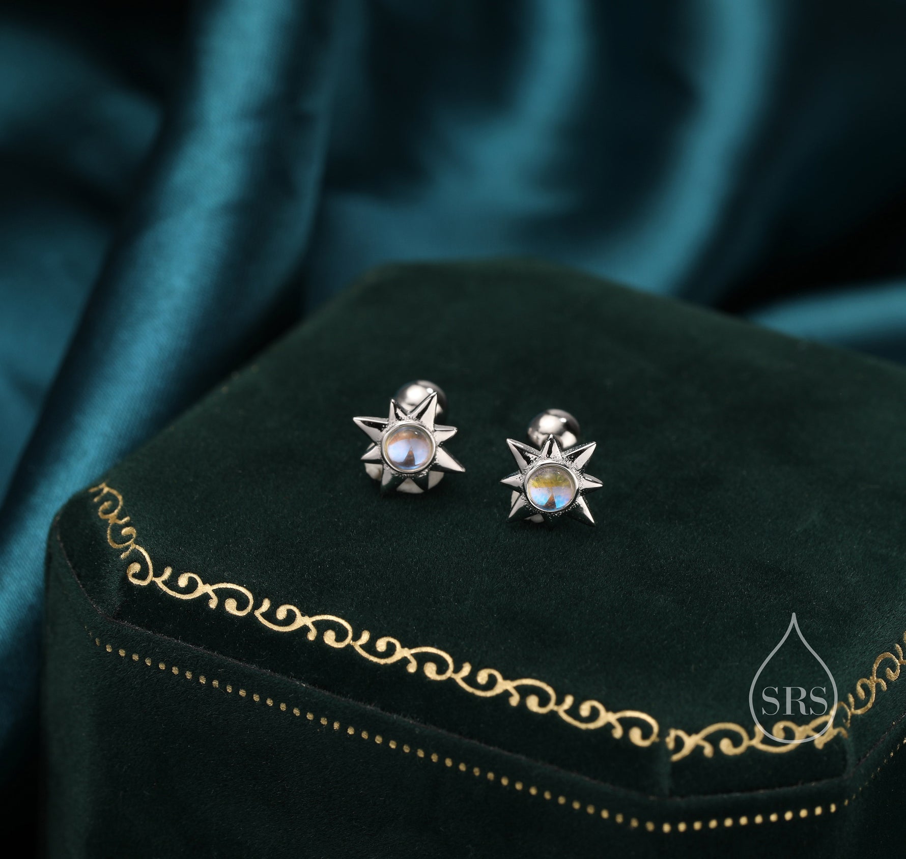Moonstone Starburst Screw Back Earrings in Sterling Silver, Star Barbell Earrings with Moonstone, Silver, Gold and Rose Gold, Screwback