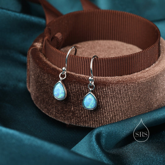 Blue Opal Droplet Drop Hook Earrings in Sterling Silver, Delicate Blue Opal Earrings, Pear Shape Opal Earrings