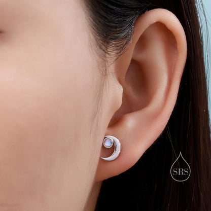 Cresent Moon with Moonstone Stud Earrings in Sterling Silver, Moon Earrings, Moon Stud, Celestial Moon Earrings