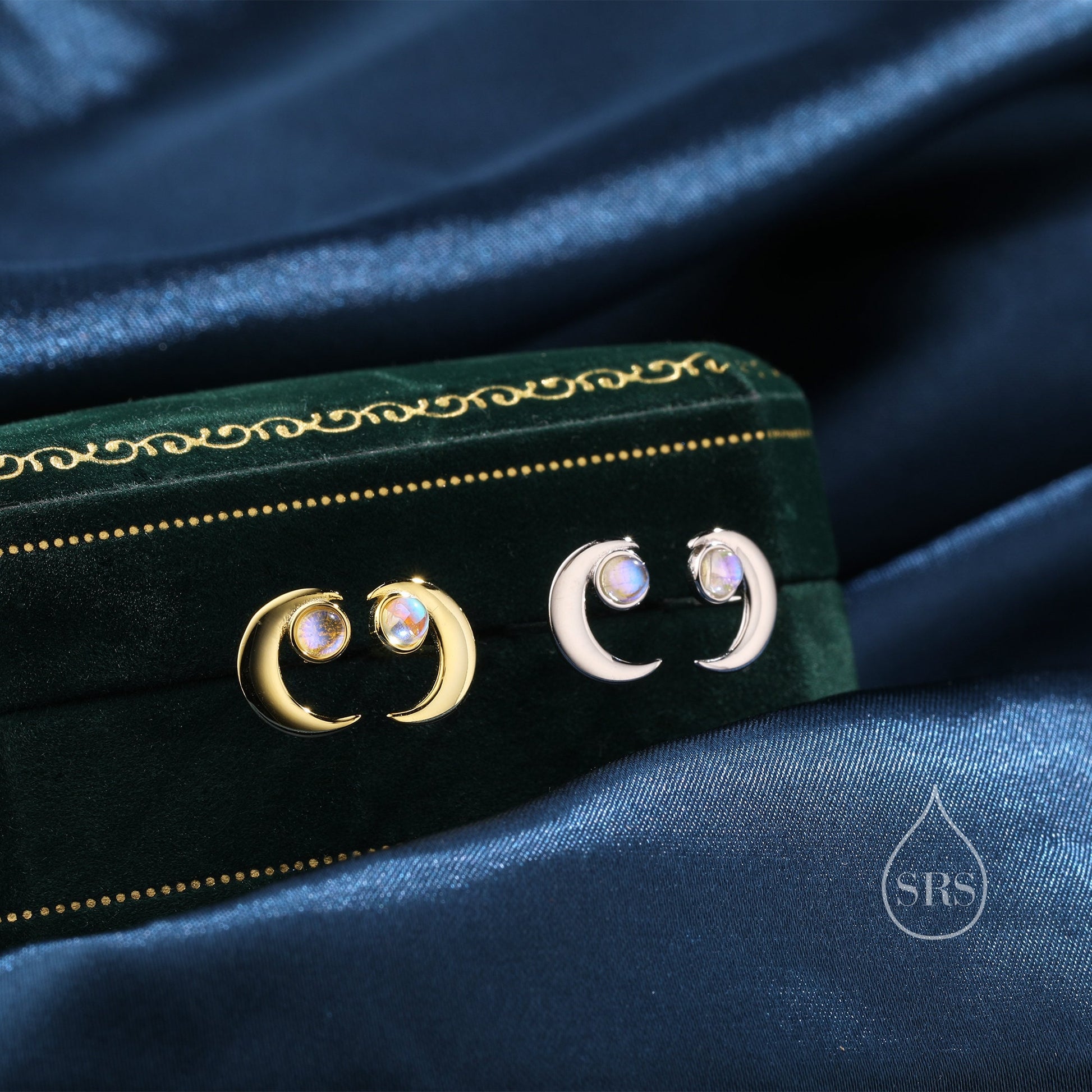 Cresent Moon with Moonstone Stud Earrings in Sterling Silver, Moon Earrings, Moon Stud, Celestial Moon Earrings