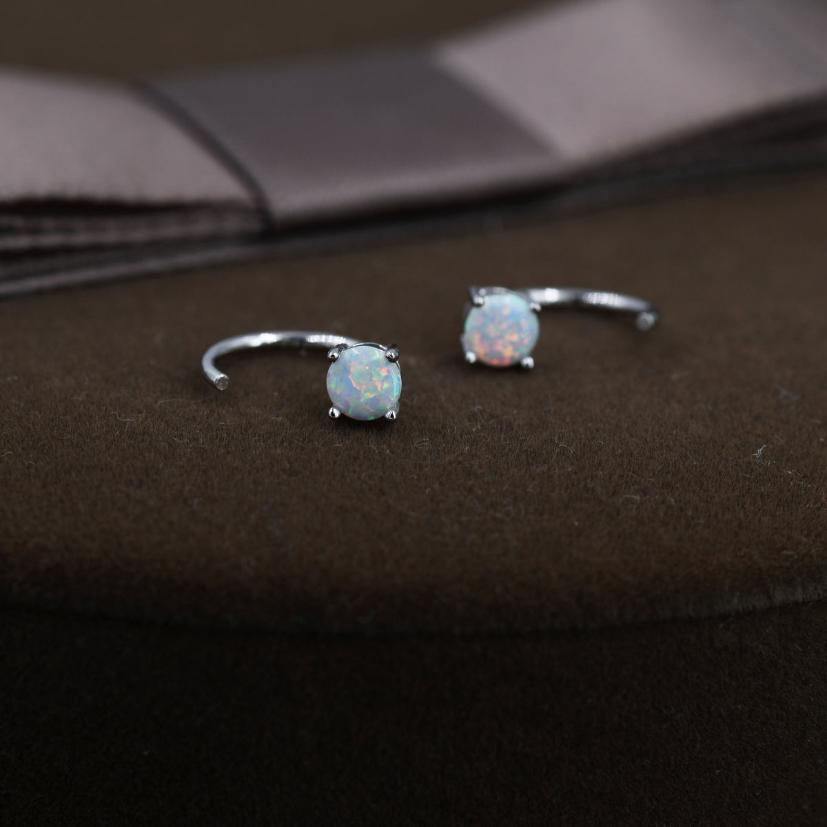 White Opal Huggie Hoop Earrings in Sterling Silver, Tiny Opal Open Hoops, Opal Pull Through Threaders, Half Hoops, C Shape Opal Hoops