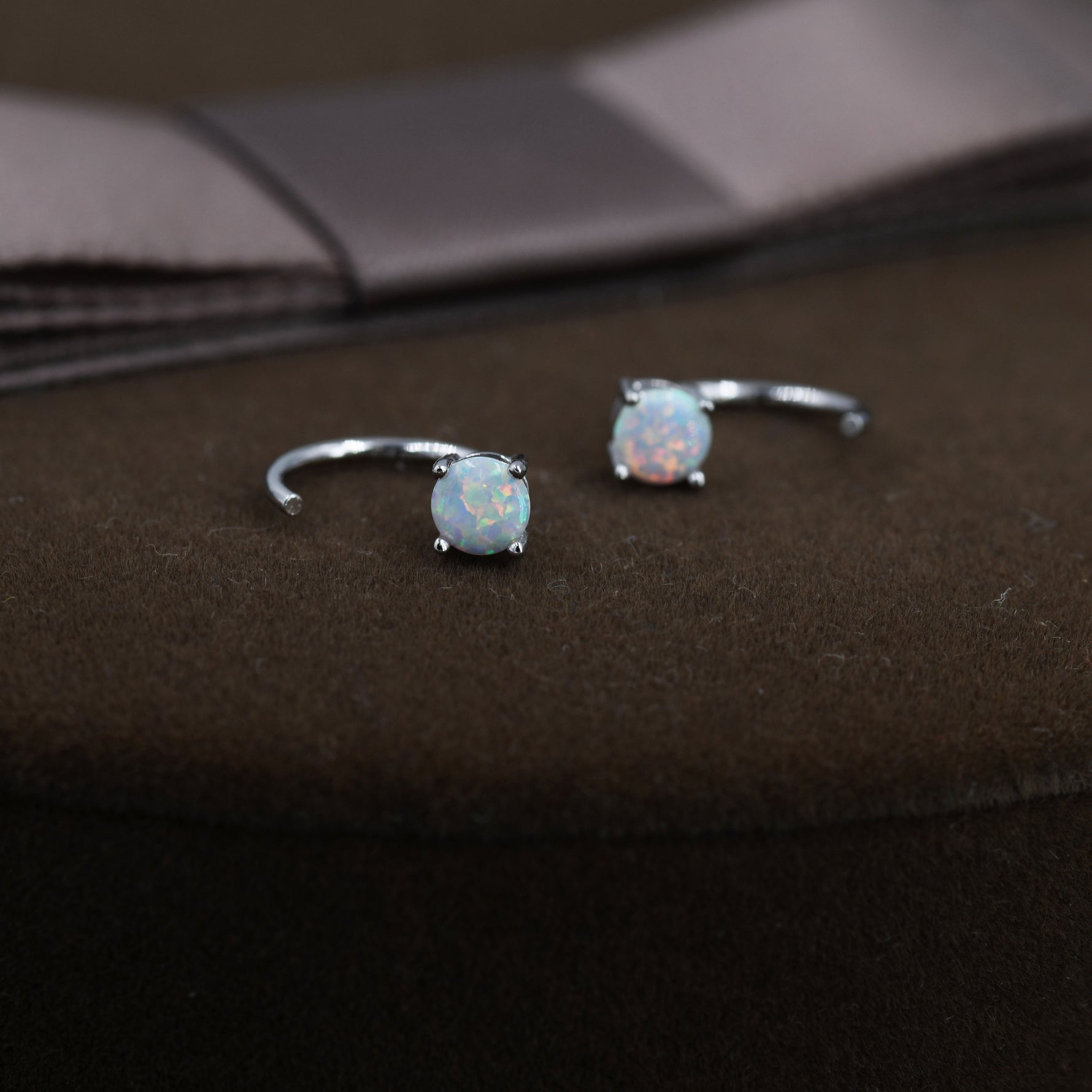 White Opal Huggie Hoop Earrings in Sterling Silver, Tiny Opal Open Hoops, Opal Pull Through Threaders, Half Hoops, C Shape Opal Hoops