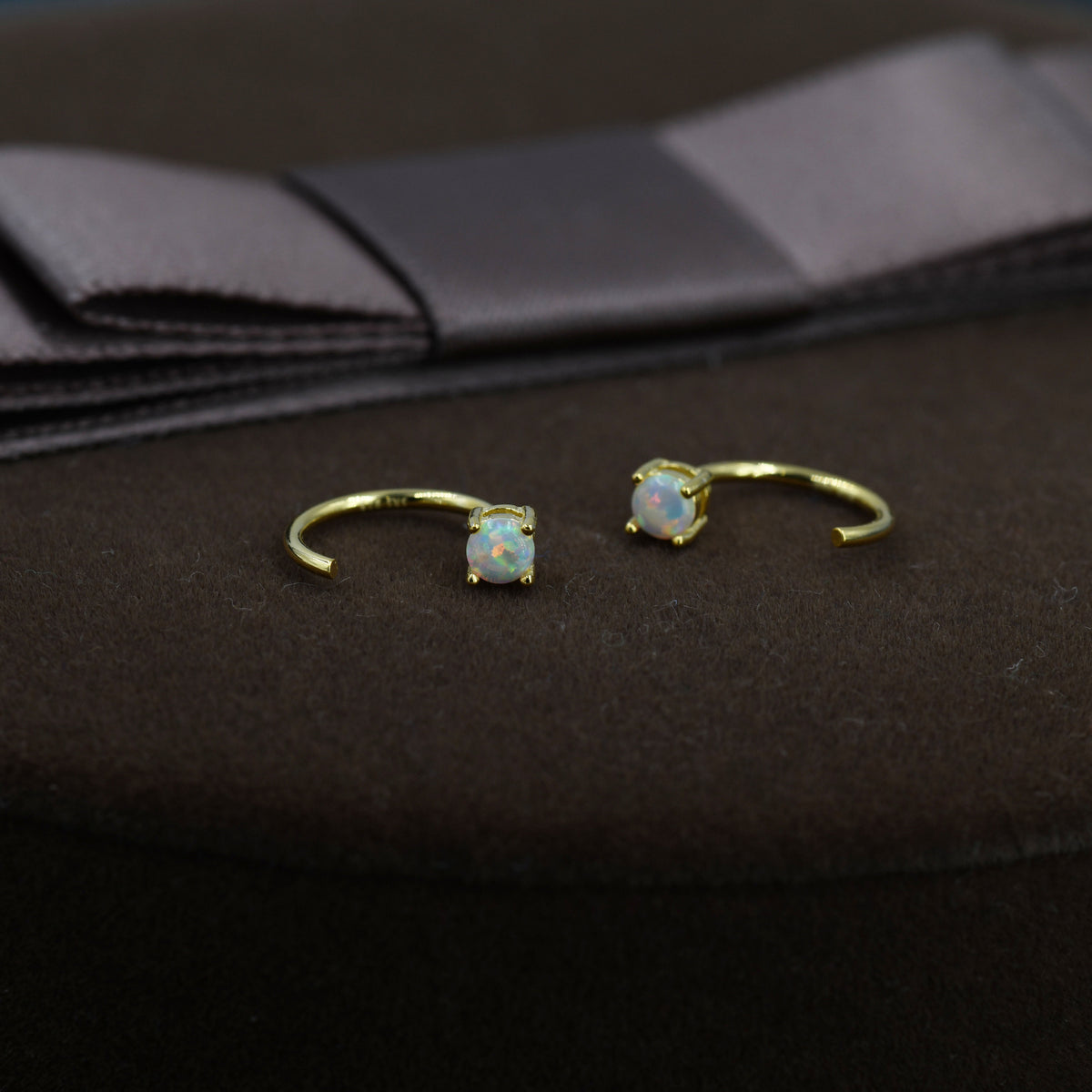 White Opal Huggie Hoop Earrings in Sterling Silver, Tiny Opal Open Hoops, Opal Pull Through Threaders, Half Hoops, C Shape Opal Hoops