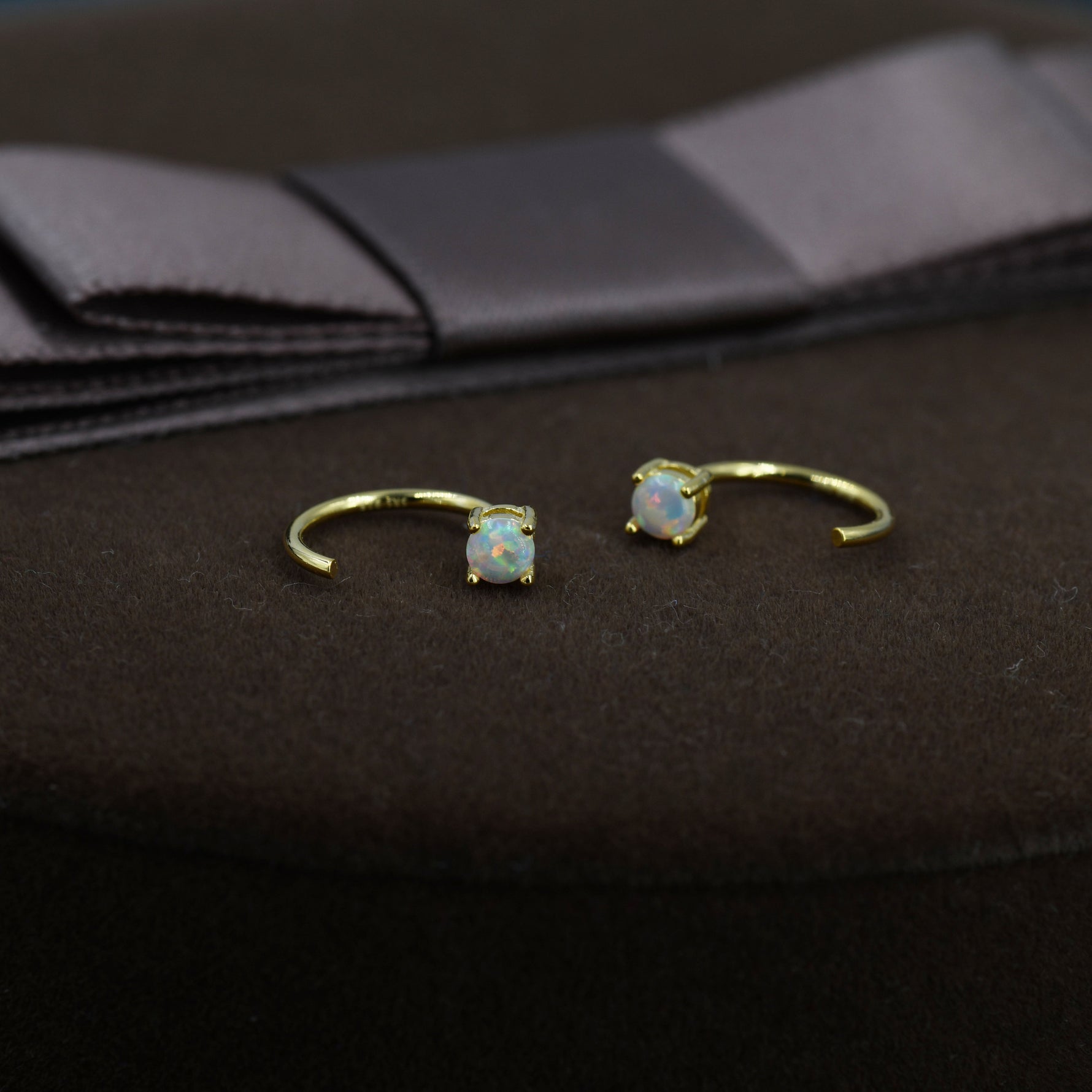 White Opal Huggie Hoop Earrings in Sterling Silver, Tiny Opal Open Hoops, Opal Pull Through Threaders, Half Hoops, C Shape Opal Hoops