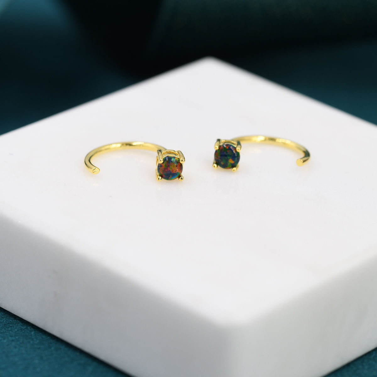Black Opal Huggie Hoop Earrings in Sterling Silver, Tiny Opal Open Hoops, Opal Pull Through Threaders, Half Hoops, C Shape Opal Hoops