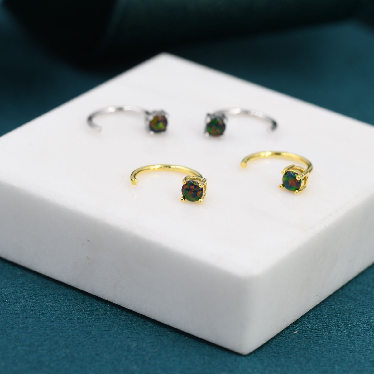 Black Opal Huggie Hoop Earrings in Sterling Silver, Tiny Opal Open Hoops, Opal Pull Through Threaders, Half Hoops, C Shape Opal Hoops
