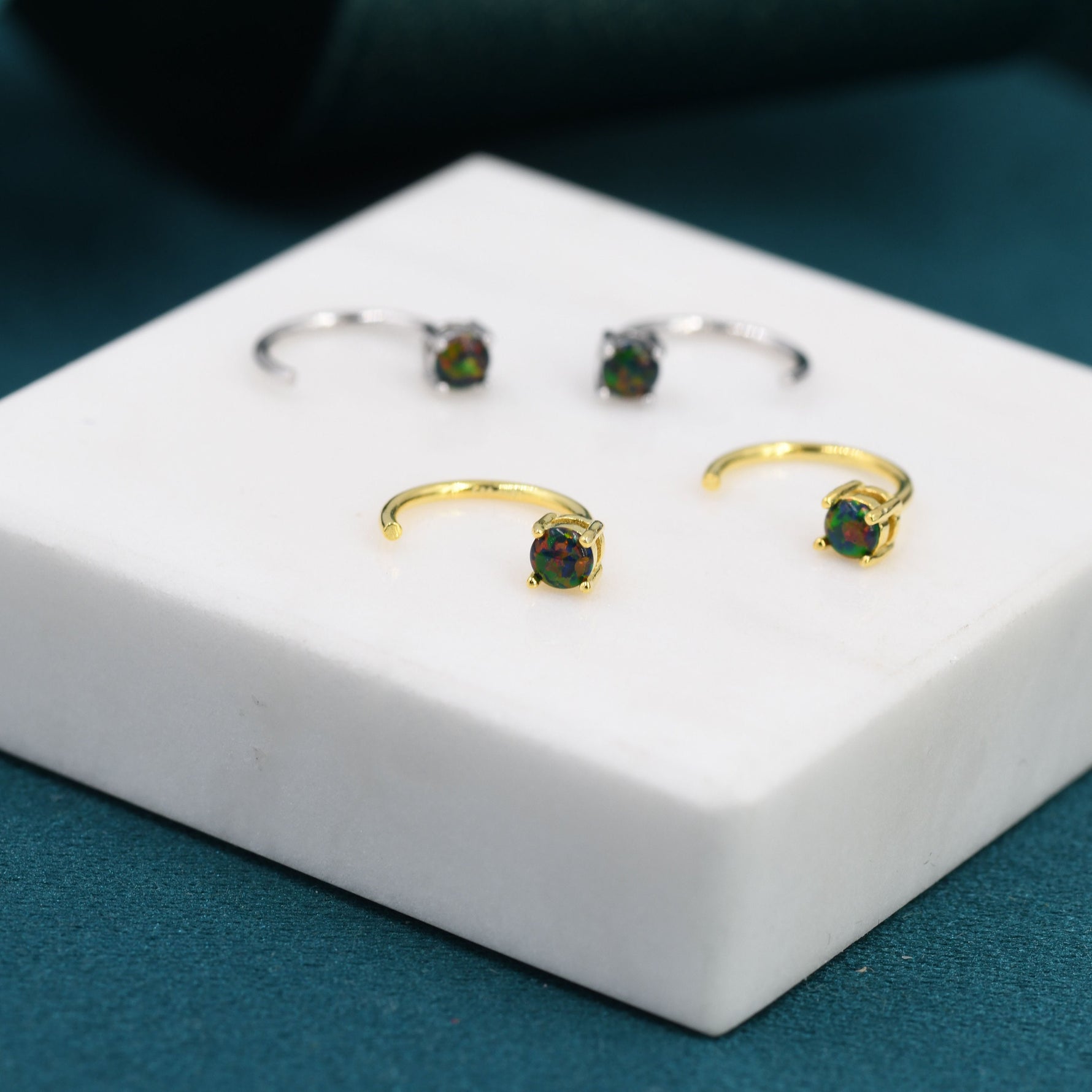 Black Opal Huggie Hoop Earrings in Sterling Silver, Tiny Opal Open Hoops, Opal Pull Through Threaders, Half Hoops, C Shape Opal Hoops