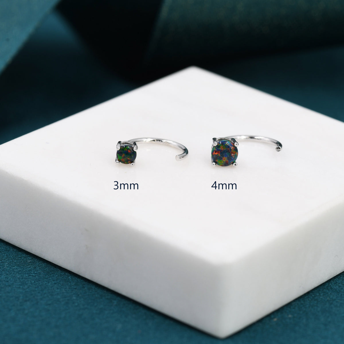 Black Opal Huggie Hoop Earrings in Sterling Silver, Tiny Opal Open Hoops, Opal Pull Through Threaders, Half Hoops, C Shape Opal Hoops