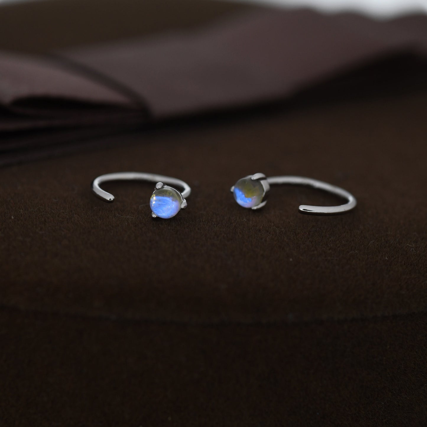 Moonstone Huggie Hoop Earrings in Sterling Silver, Tiny Moonstone Open Hoops, Pull Through Threaders, Half Hoops, C Shape Hoops