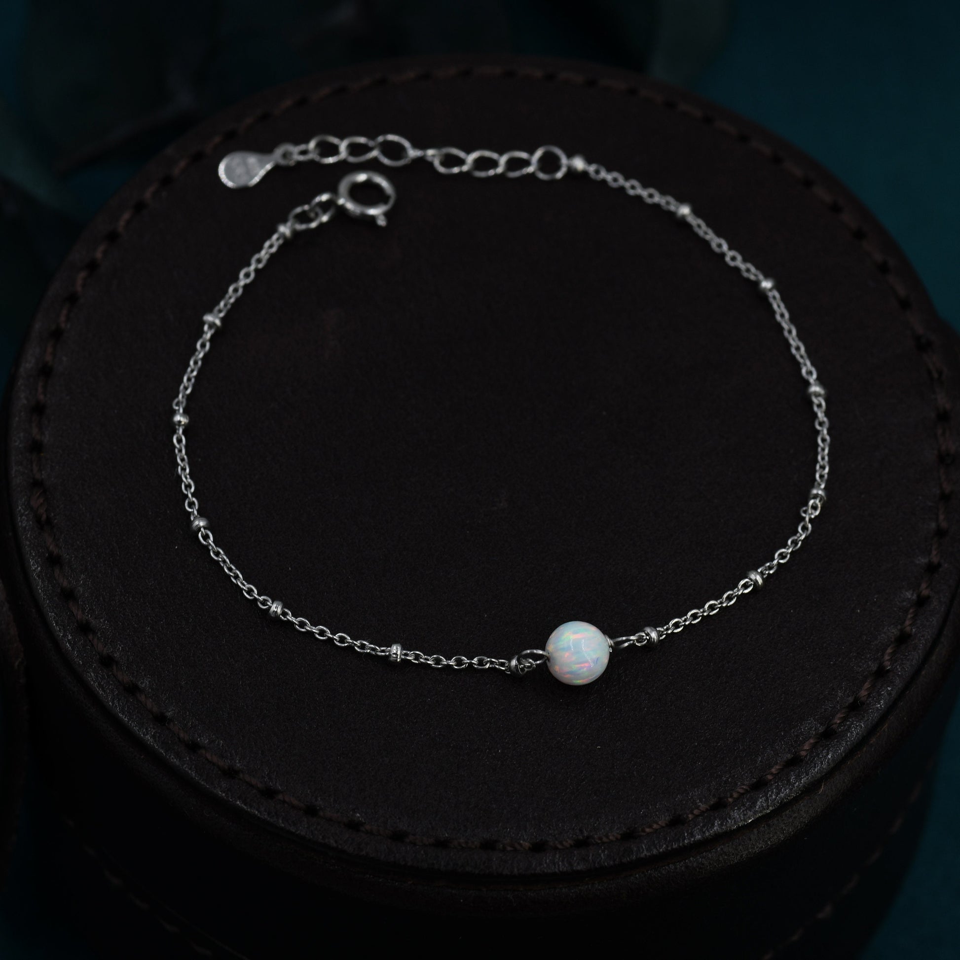 White Opal Bead Bracelet in Sterling Silver, Blue Opal Bracelet , Single Opal Bracelet, Genuine Opal Crystal, Lab Opal Bracelet