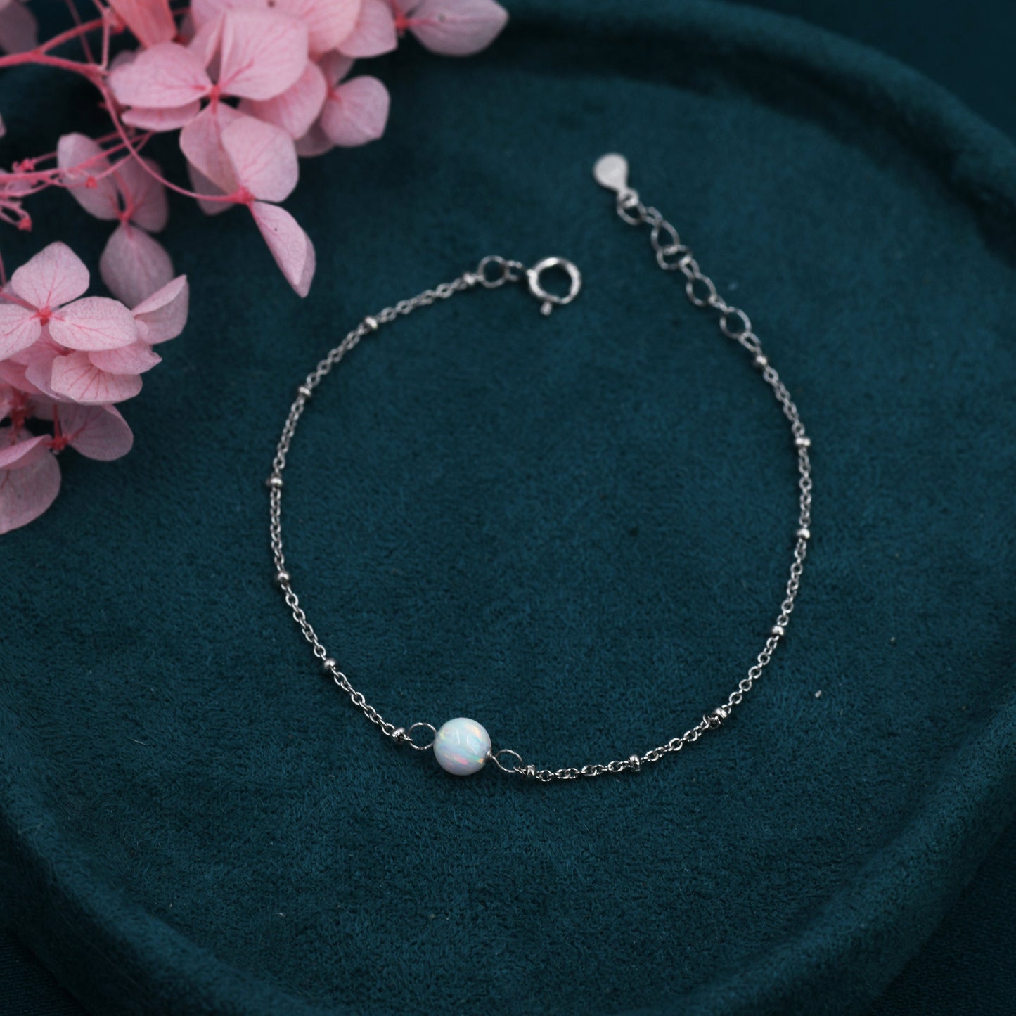 White Opal Bead Bracelet in Sterling Silver, Blue Opal Bracelet , Single Opal Bracelet, Genuine Opal Crystal, Lab Opal Bracelet