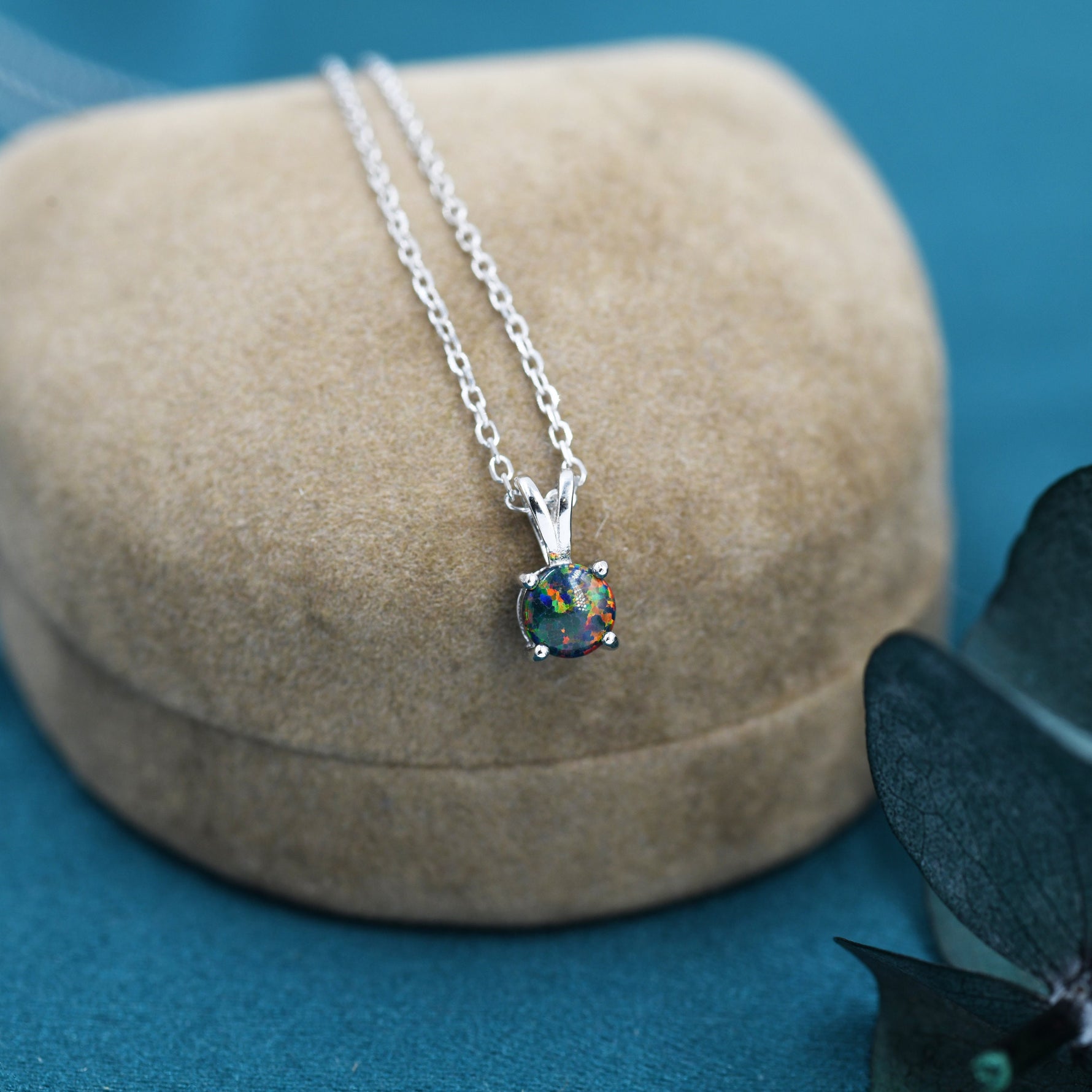 Tiny Black Opal Pendant Necklace in Sterling Silver, 5mm Lab Opal Necklace, Single Opal Necklace, Fire Opal Necklace