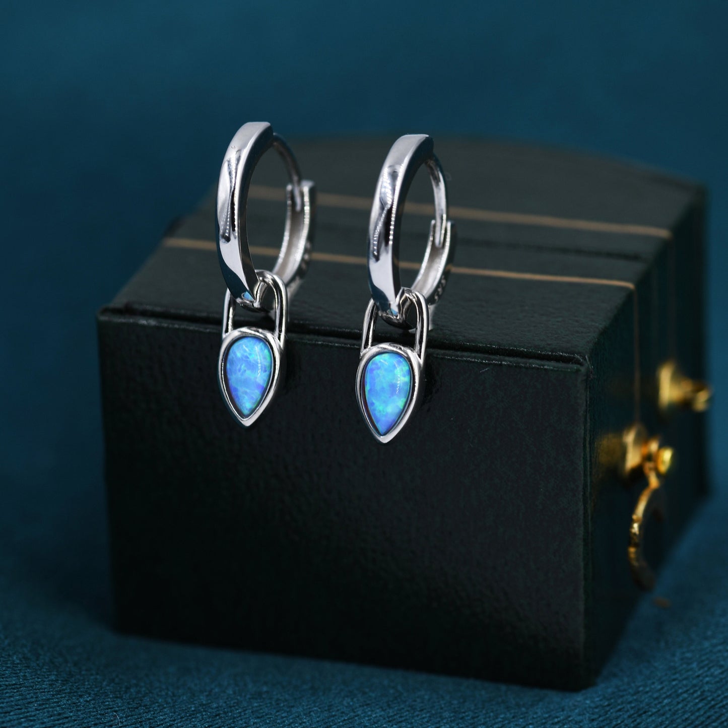 Blue Opal Dagger Huggie Hoop Earrings in Sterling Silver, Tiny Opal Bullet Hoops, Opal Hoops, Opal Droplet Hoops, Pear Shape Opal Hoops