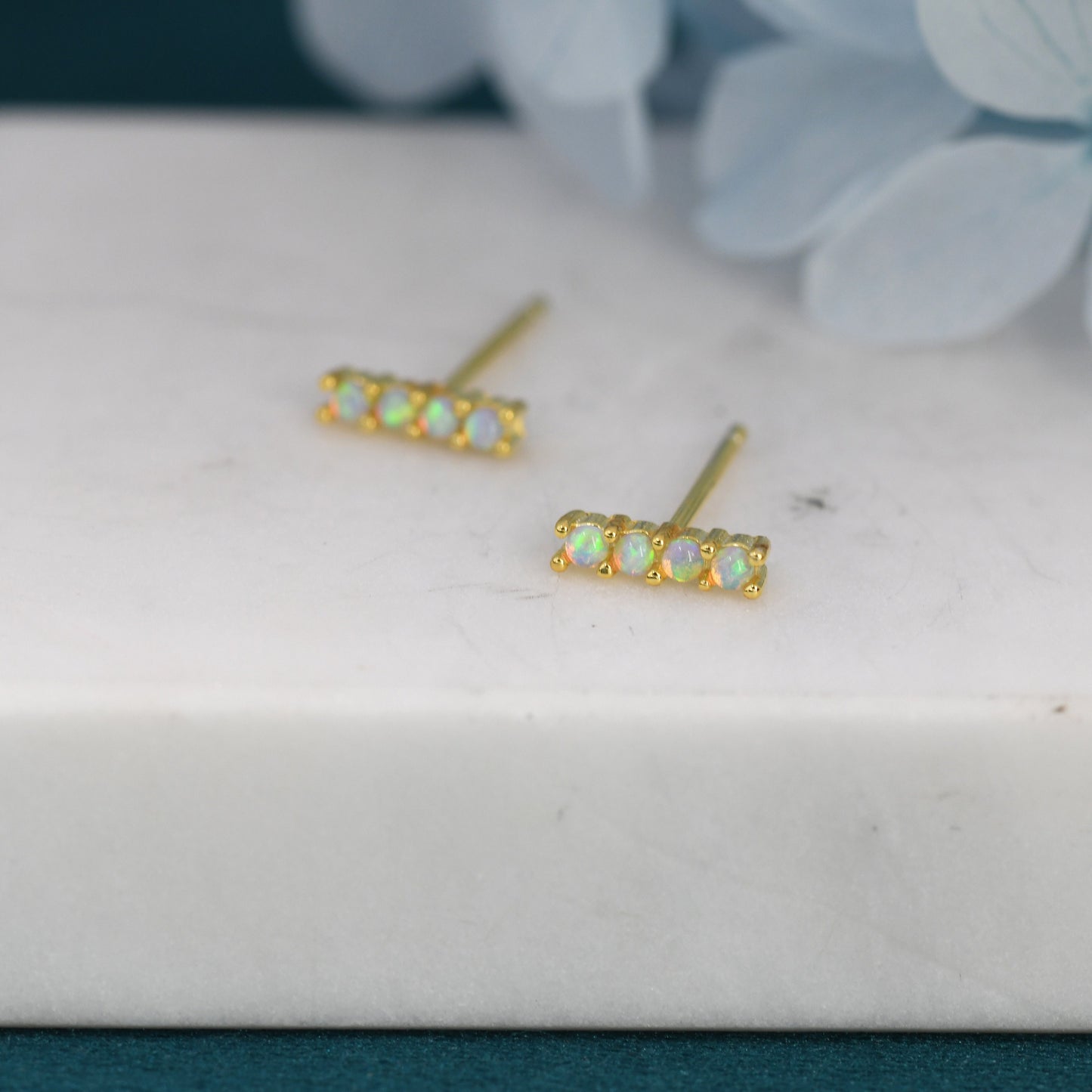 Blue Opal Bar Stud Earrings in Sterling Silver, Silver or Gold, Opal Bar Earrings, Tiny Opal Earrings, Dainty Opal Cluster Earrings