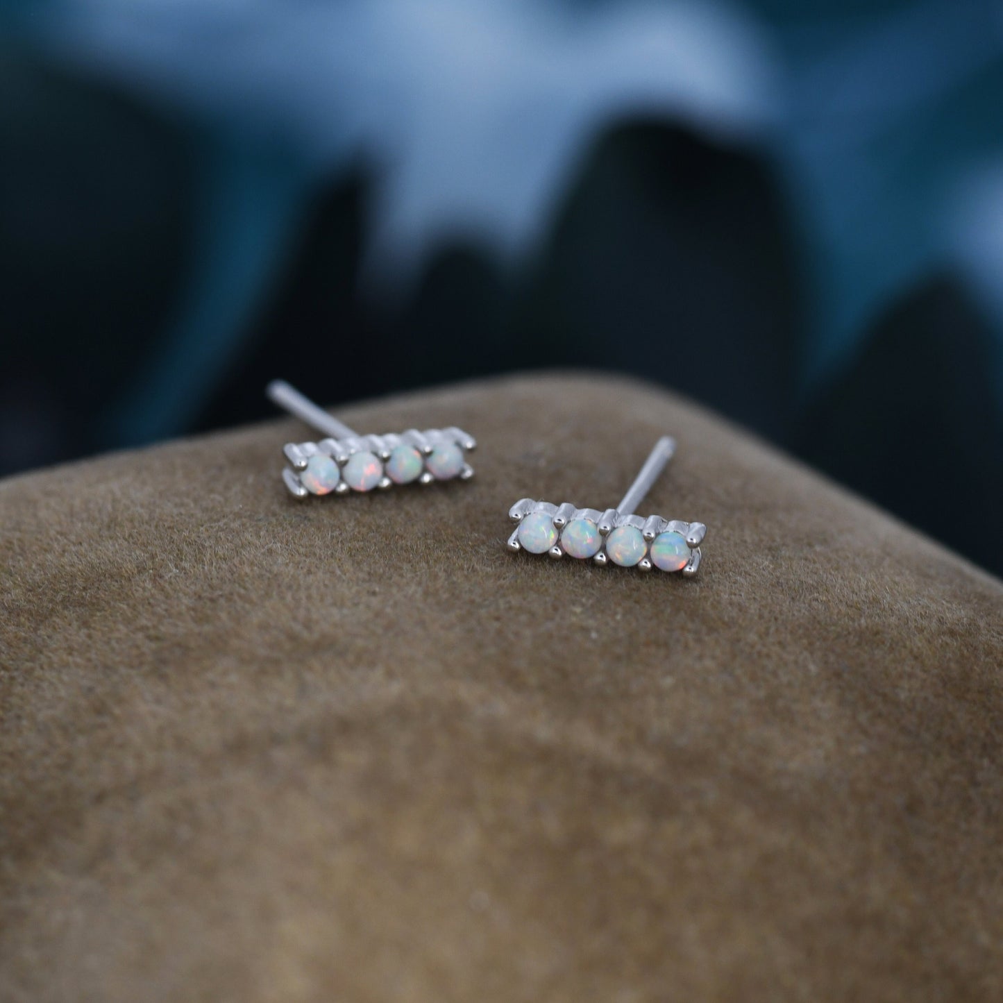 White Opal Bar Stud Earrings in Sterling Silver, Silver or Gold, Opal Bar Earrings, Tiny Opal Earrings, Dainty Opal Cluster Earrings