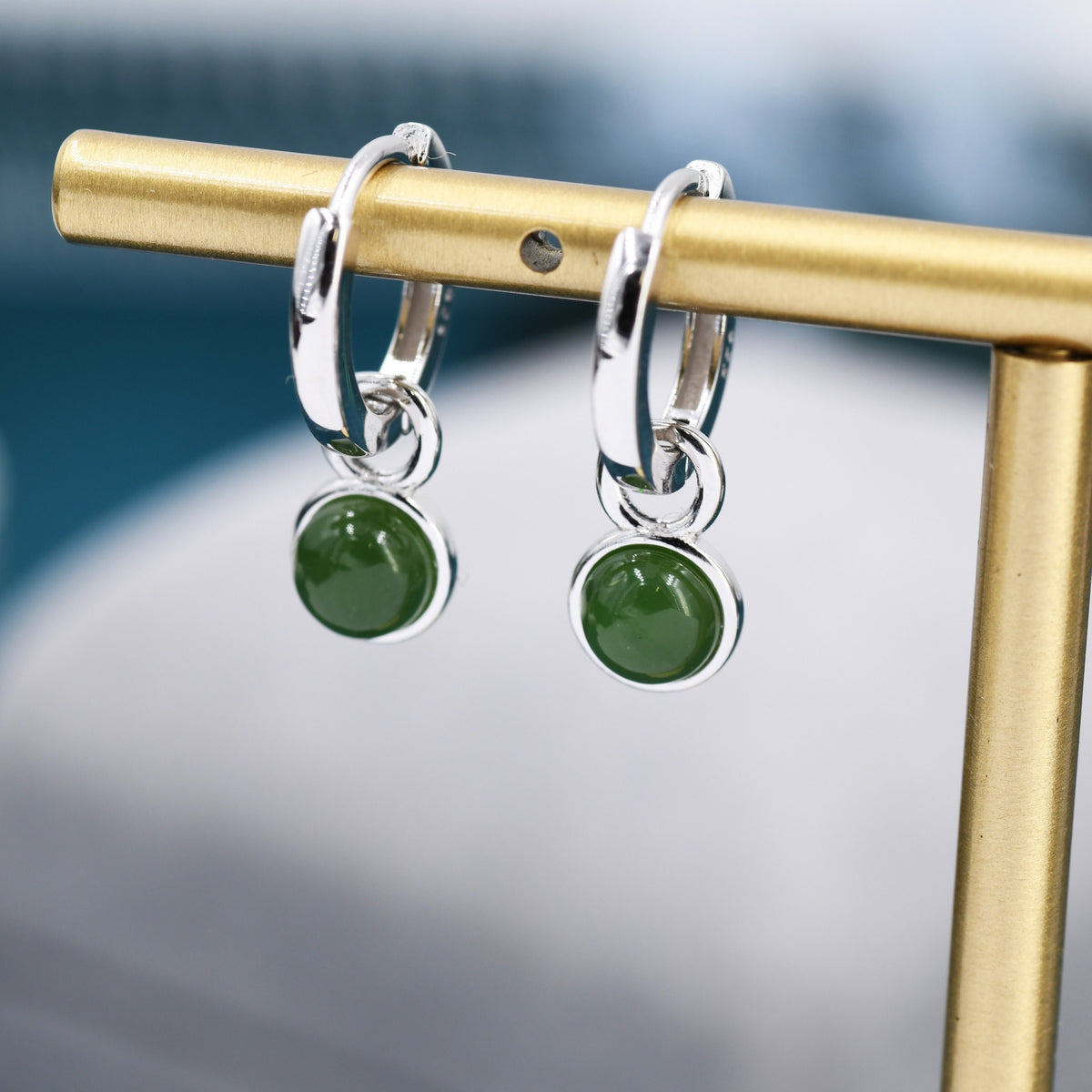 Green Jade Coin Detachable Hoop Earrings