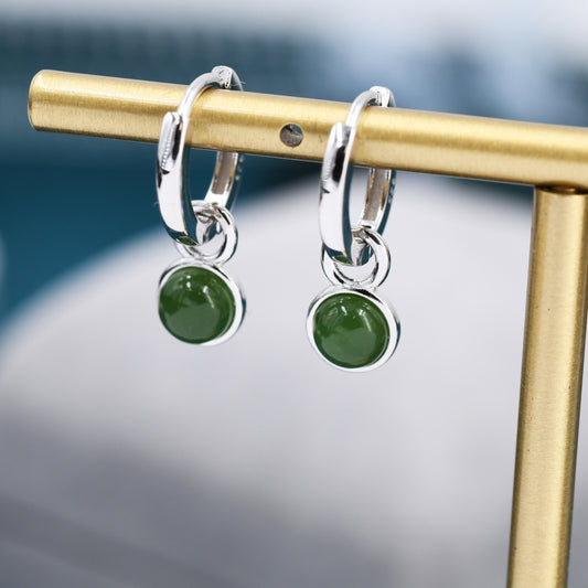 Sterling Silver Dangling Jade Hoop Earrings, Detachable Genuine Green Jade Coin Charm Dangle Hoop Earrings, Silver or Gold, Interchangeable