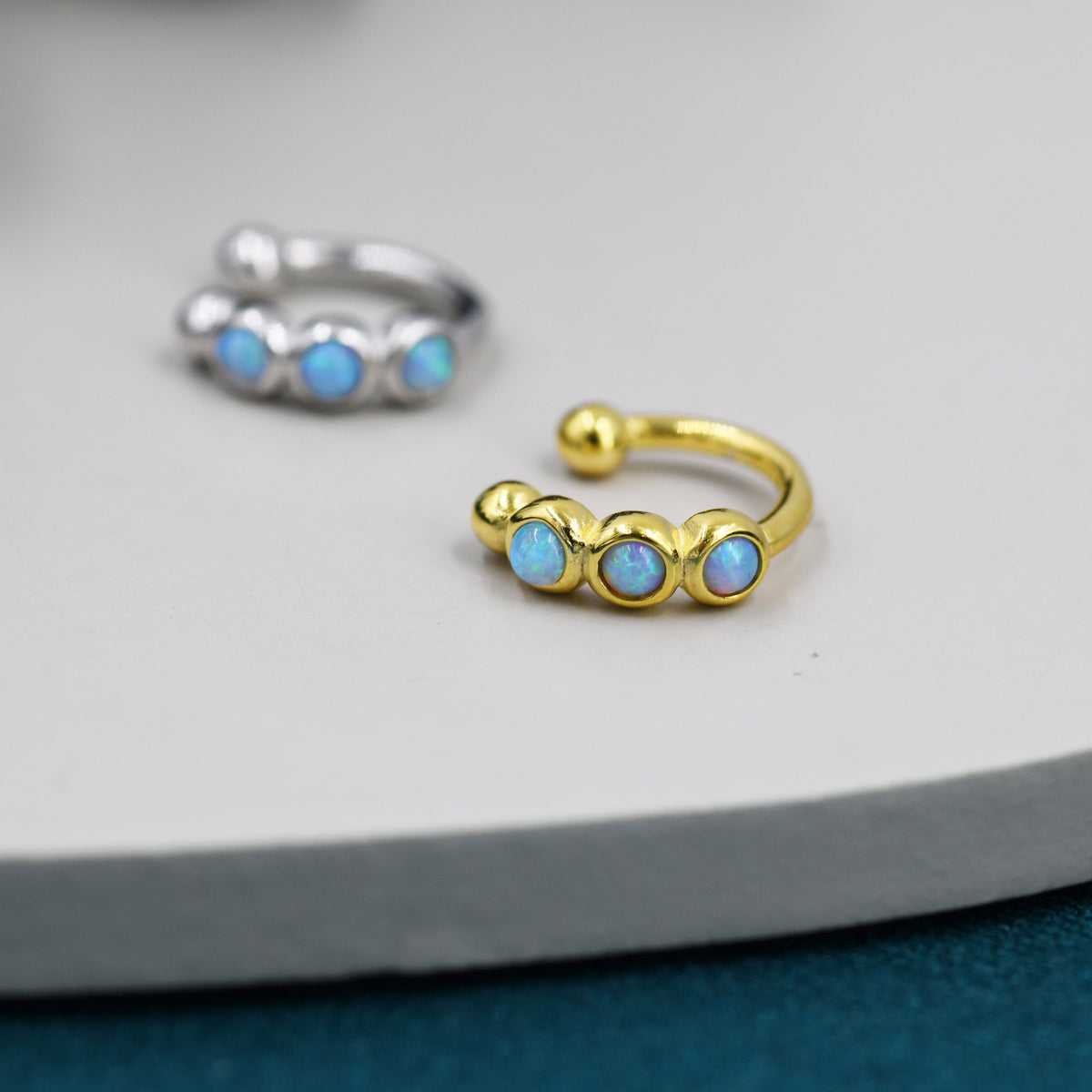 Blue Opal Ear Cuff in Sterling Silver, Silver or Gold, Simple Piercing Free Earrings, Minimalist Ear Cuff, Opal Ear Cuff
